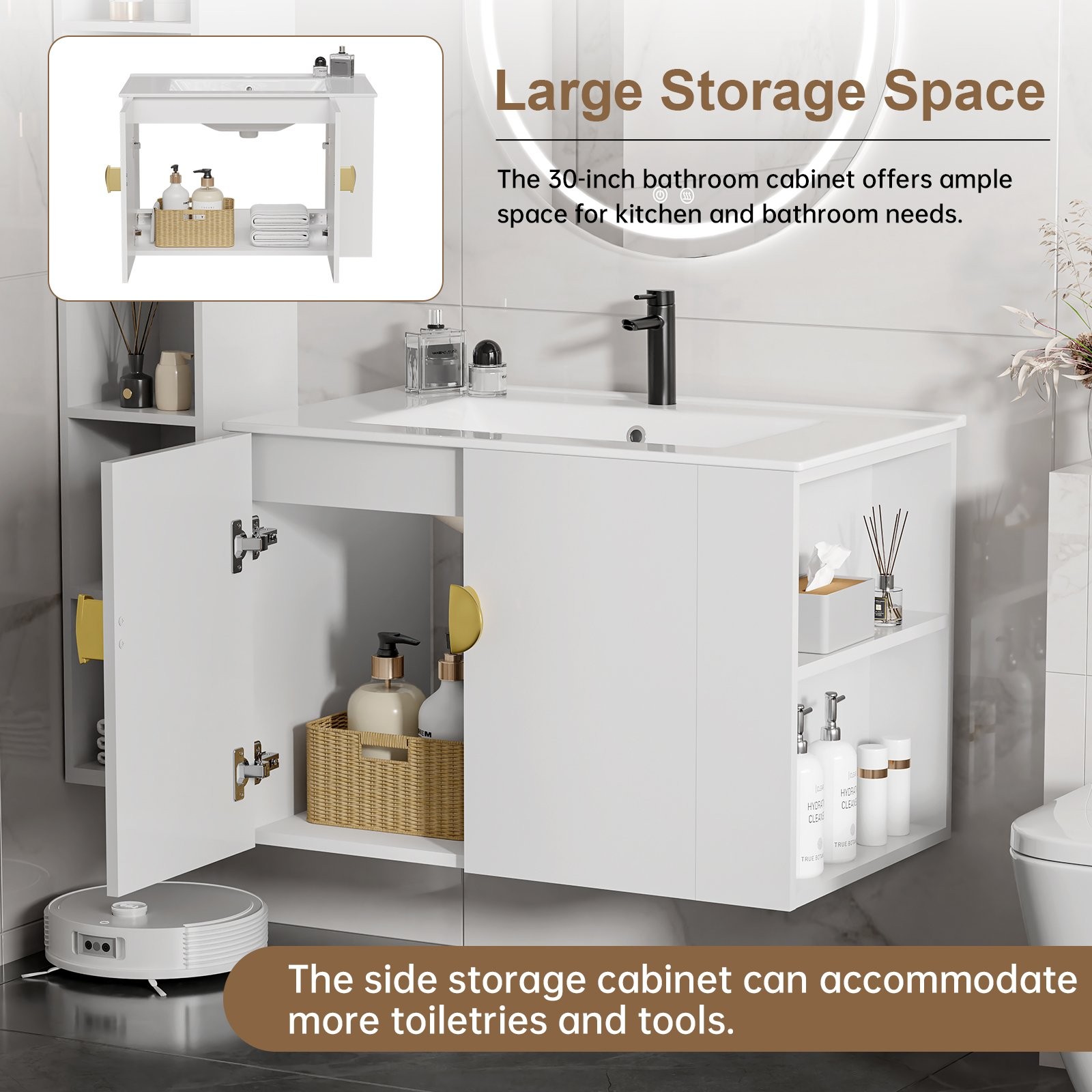 30″ Floating Vanity with Sink Wall Mounted White Soft Close Bathroom Cabinet