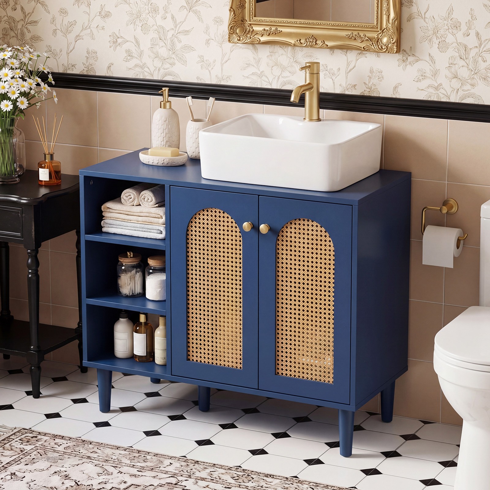 36” Under Sink Cabinet, Boho Sink Base Cabinet w/Rattan Doors, Rubber Wood Legs