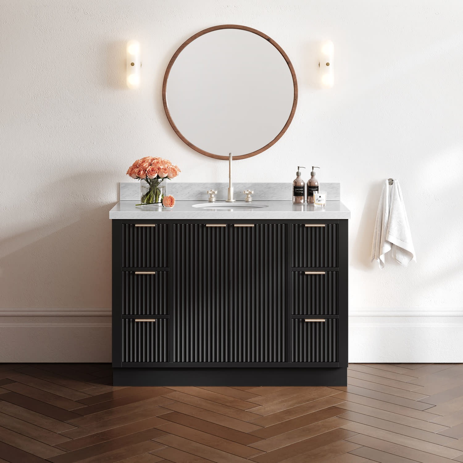 Ariel P49CWOVO Milan 49″ – Black / Italian Carrara Marble Top / Brushed Nickel