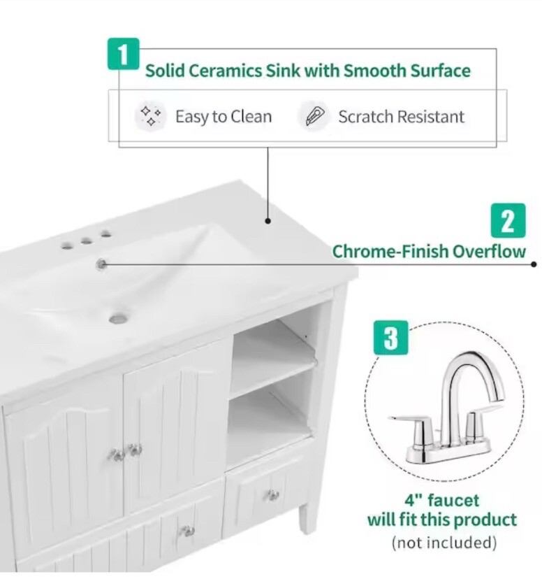36″ Bathroom Vanity Set Drop in Sink Combo Stainless Steel Faucet Pop Up Drain