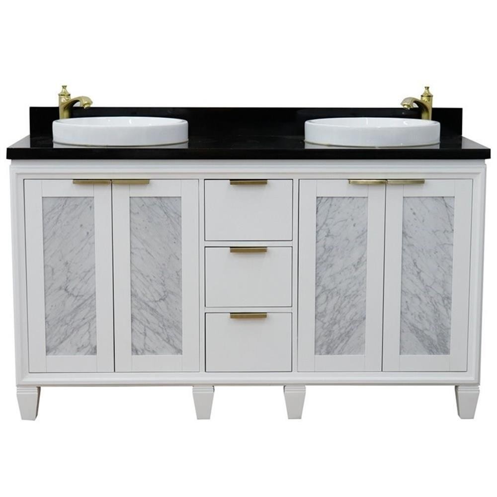 Pemberly Row 61″ Double Round Sink Solid Wood Vanity in White/Black Galaxy