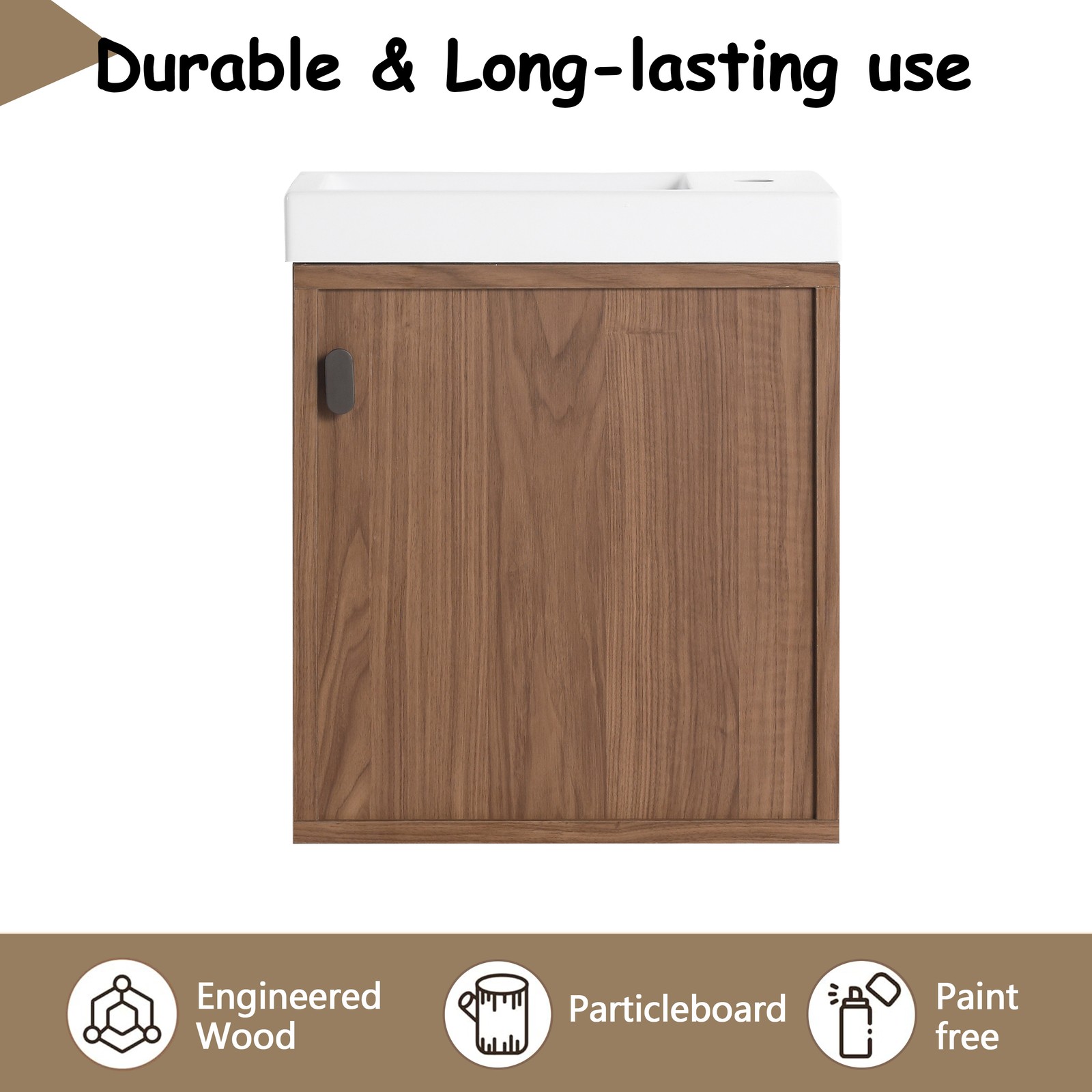 18.5″ Walnut Wall Mounted Floating Bathroom Vanity W/ Door Storage W/ Resin Sink