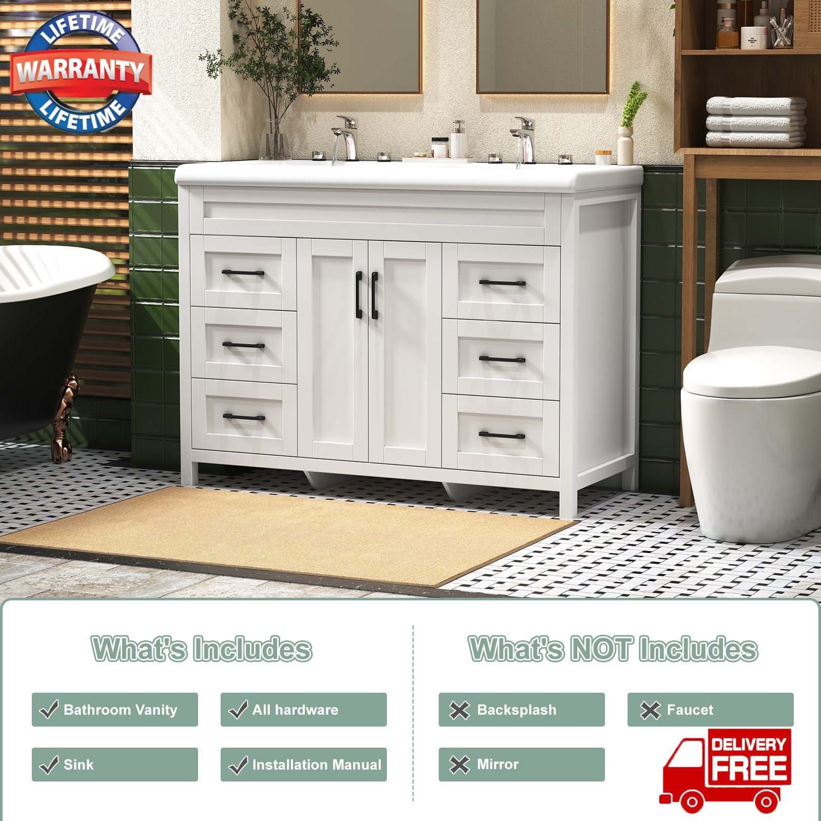 47.3″ Bathroom Vanity Double Sink Ceramic Freestanding Cabinet Storage+4 Drawers