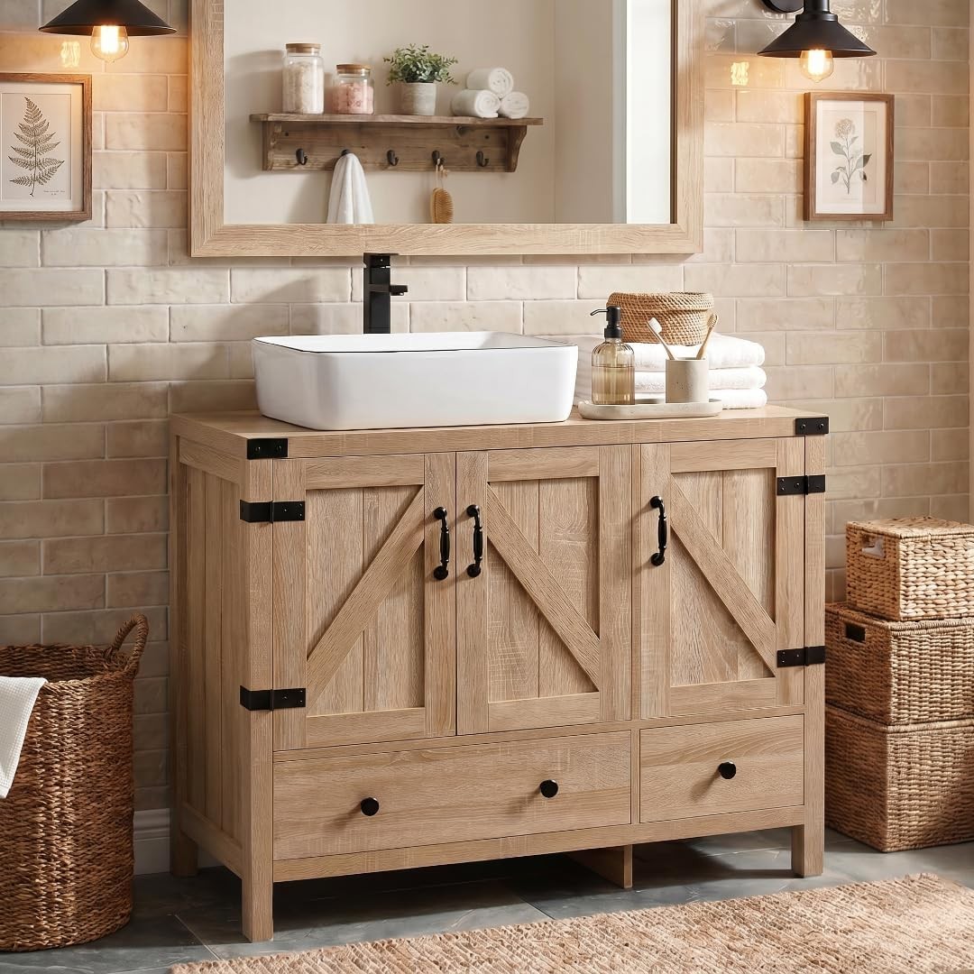 36-inch Natural Color Bathroom Vanity with Side Cabinet Rustic Fixture Standing