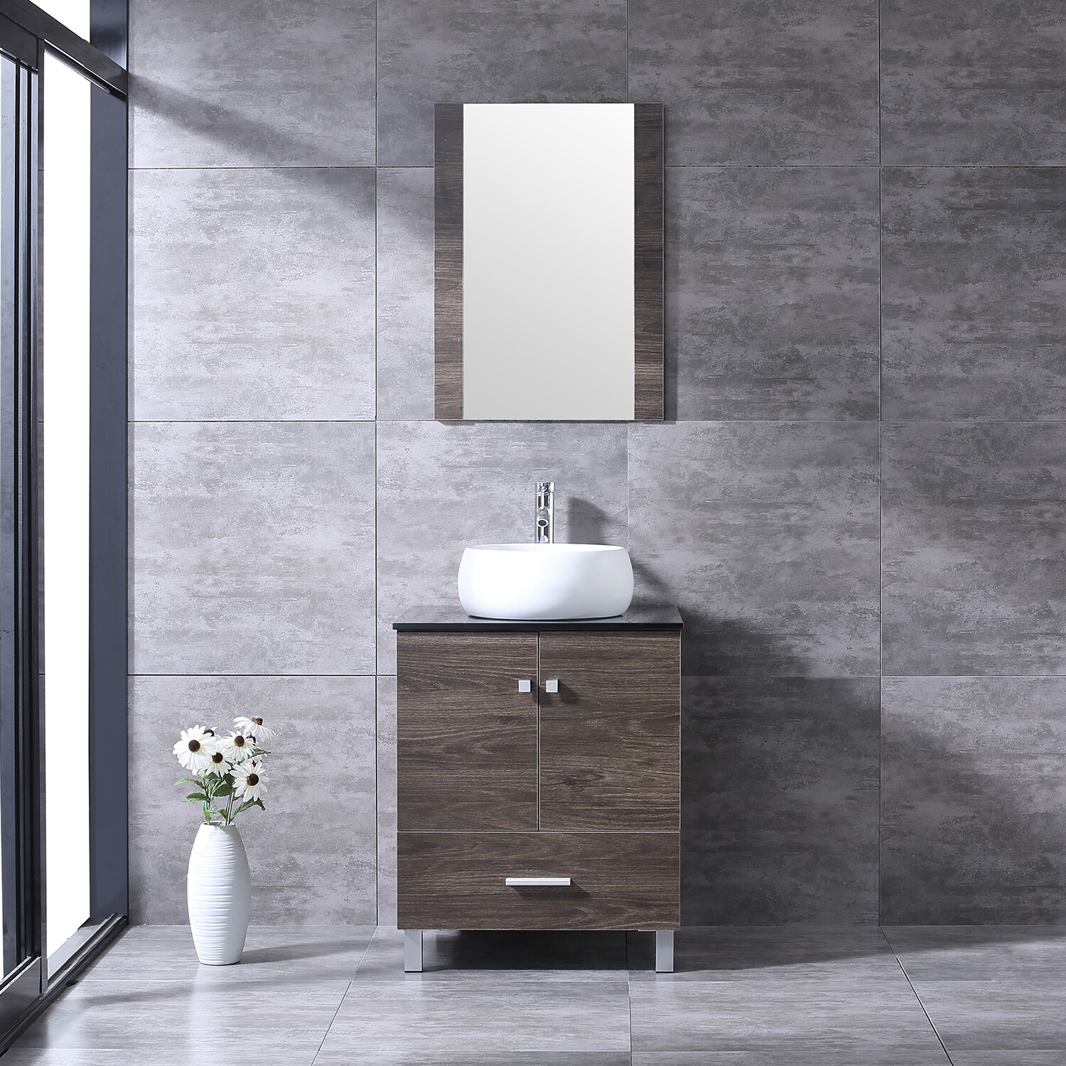 24″Bathroom Vanity Wood Cabinet White Ceramic Sink Bowl Basin Brown Mirror Combo