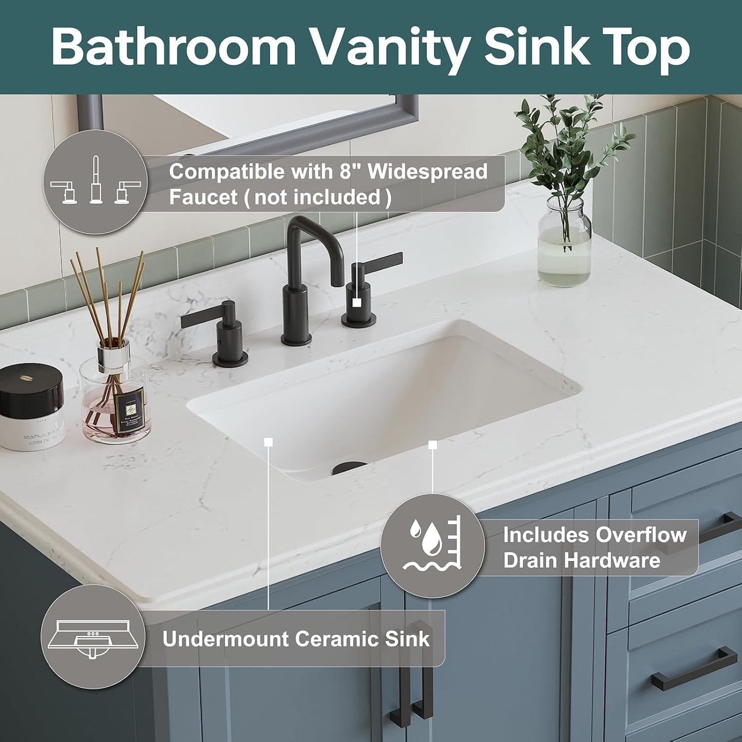 42″ Steel Blue Bathroom Vanity with Sink, Soft Close Doors & Quartz Top