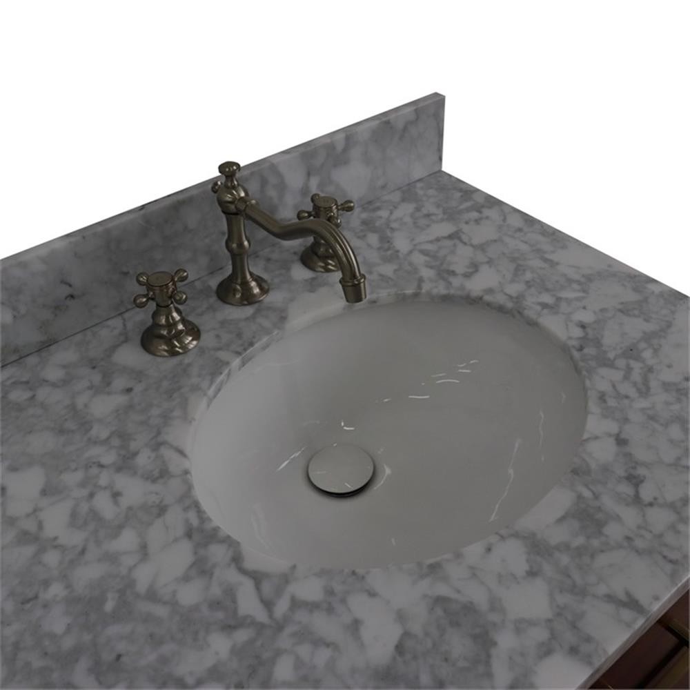61 in. Double Wooden Vanity Walnut Black White Carrara Marble Oval Sink