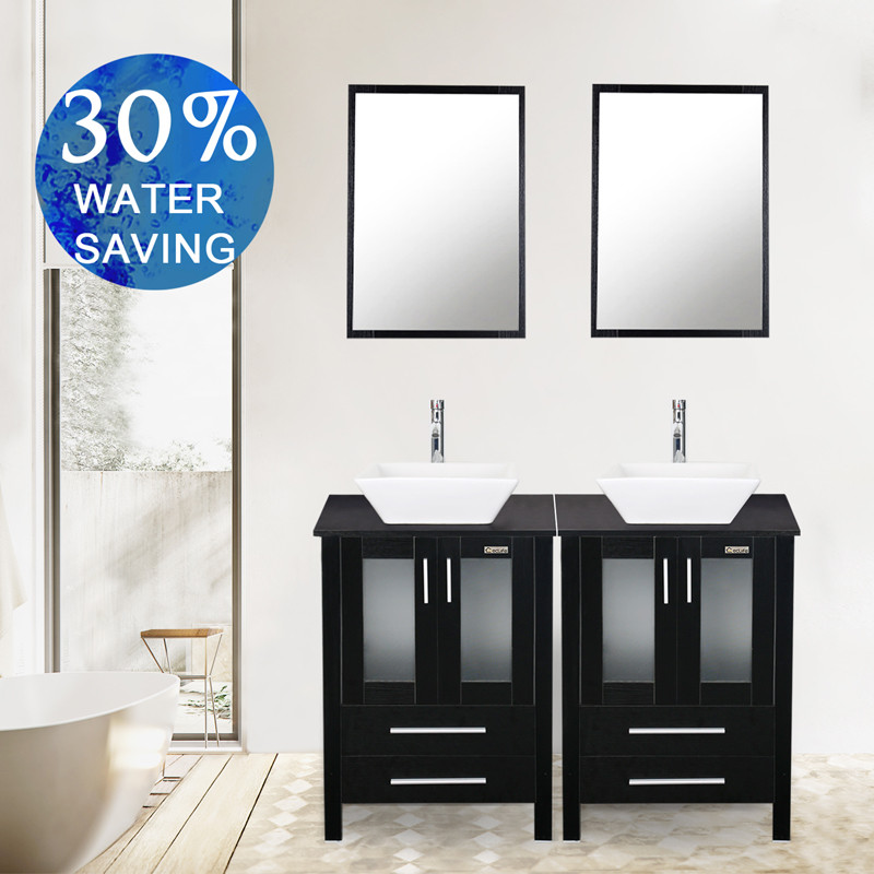 Black 48 inch Double Sink Bathroom Vanity White Ceramic Top Cabinet No Mirror