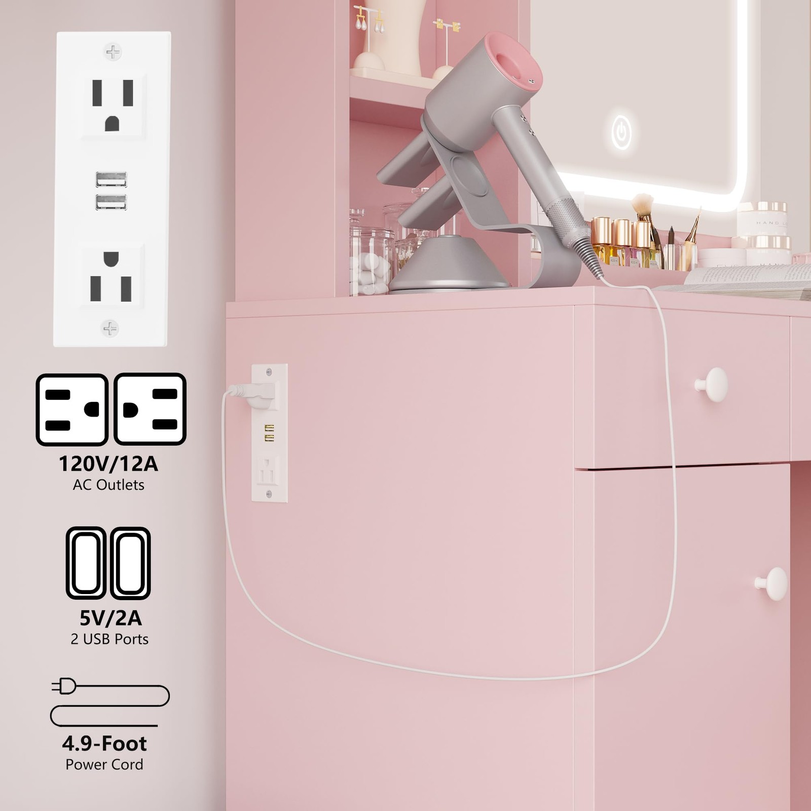 LED Lighted Vanity Desk Set with Mirror Power Outlet Drawers Cabinet Stool Pink