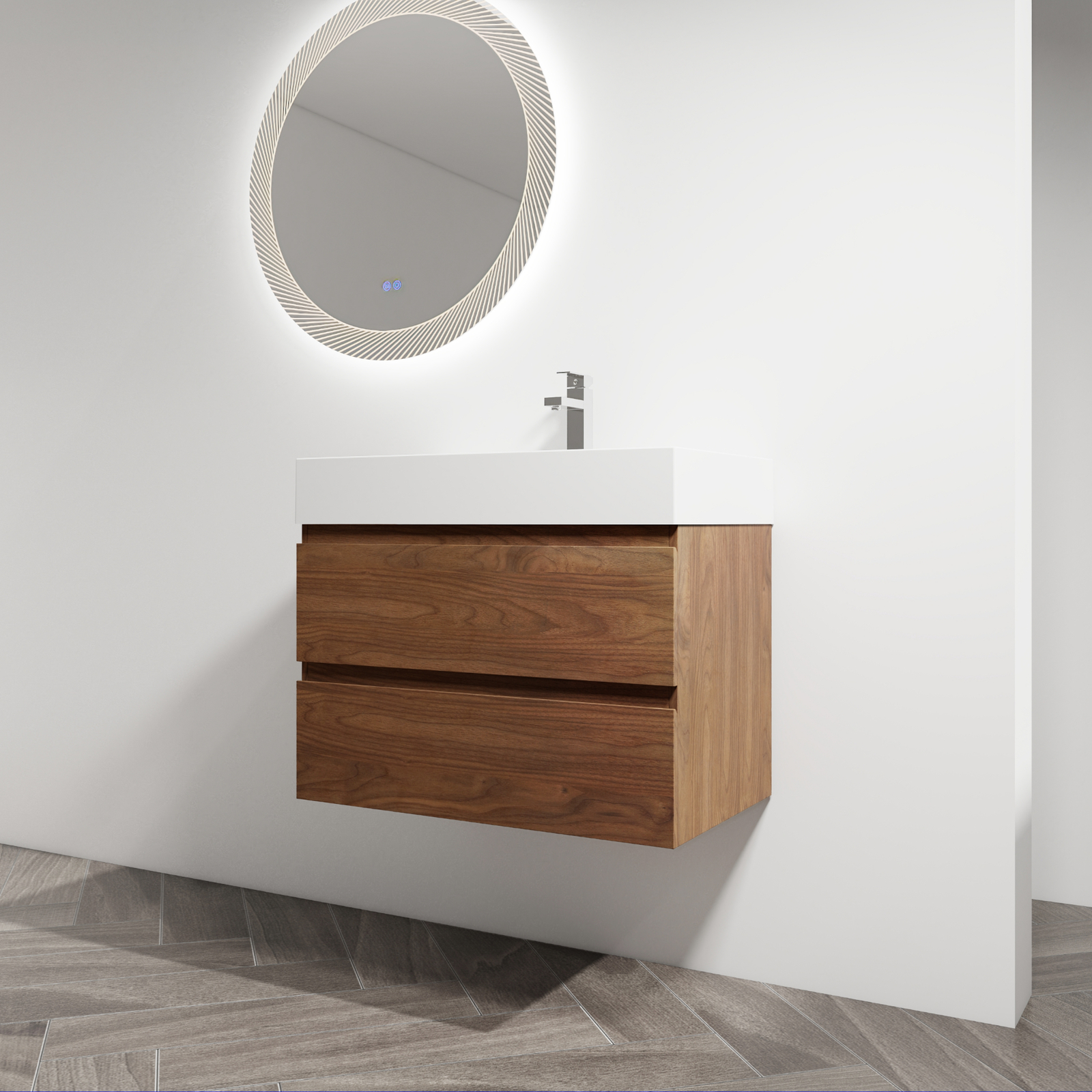 30″ Wall-Mounted Bathroom Vanity Cabinet W/Resin Sink 2-Soft Close Drawers Brown
