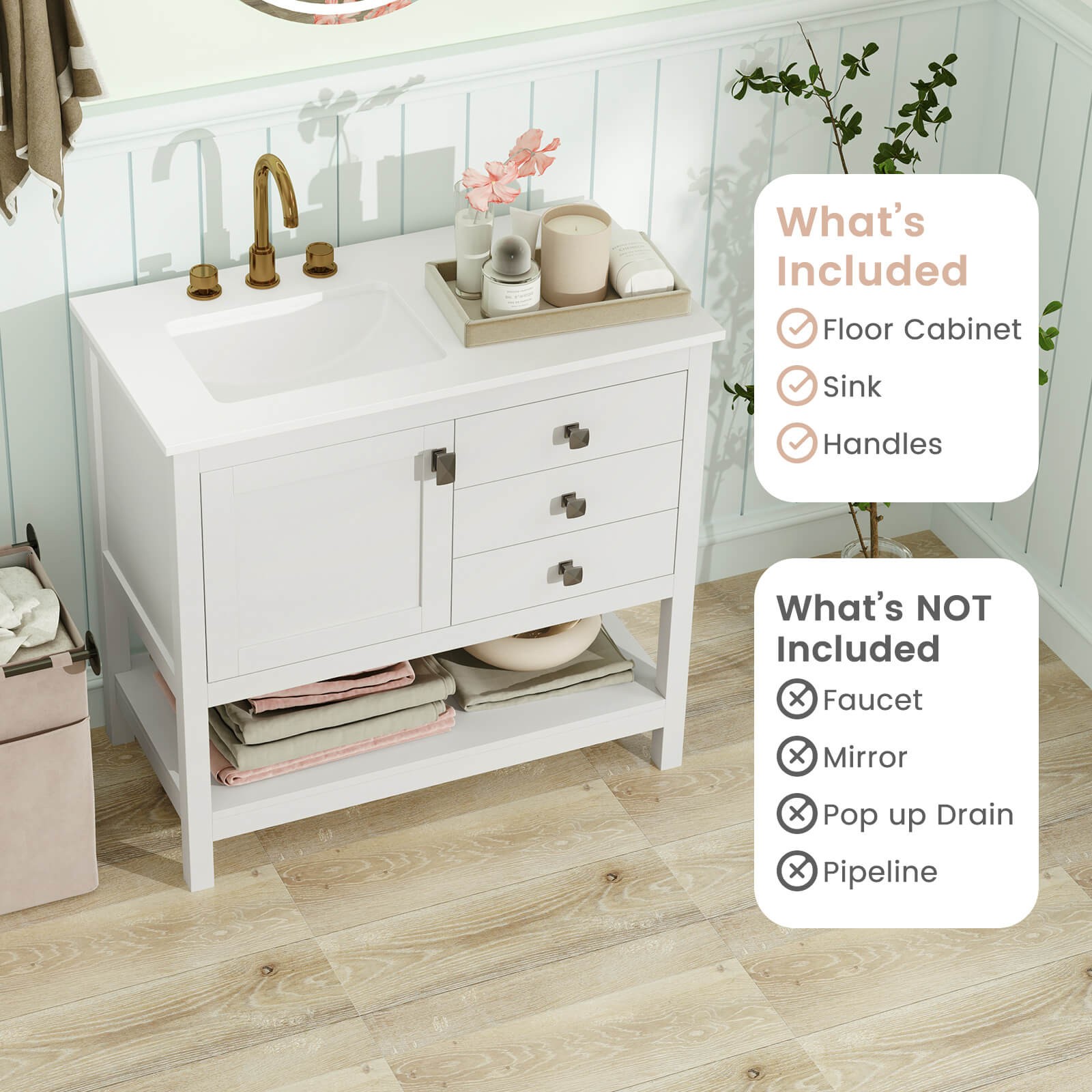 Bathroom Vanity Unit w/ Basin w/ Extra Wide Granite Countertop Ceramic Sink