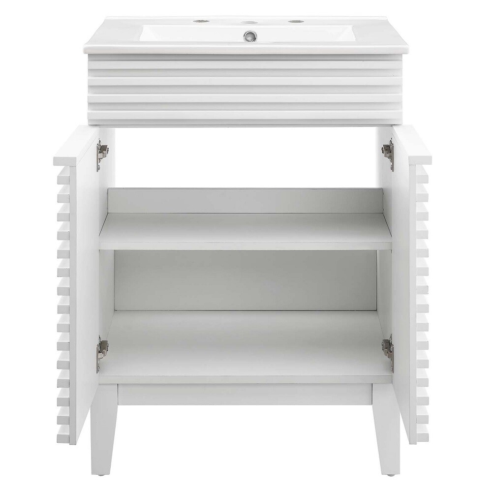 Mid-Century Modern Bathroom Vanity Black, White, Gray, Oak Laminate Tapered Legs
