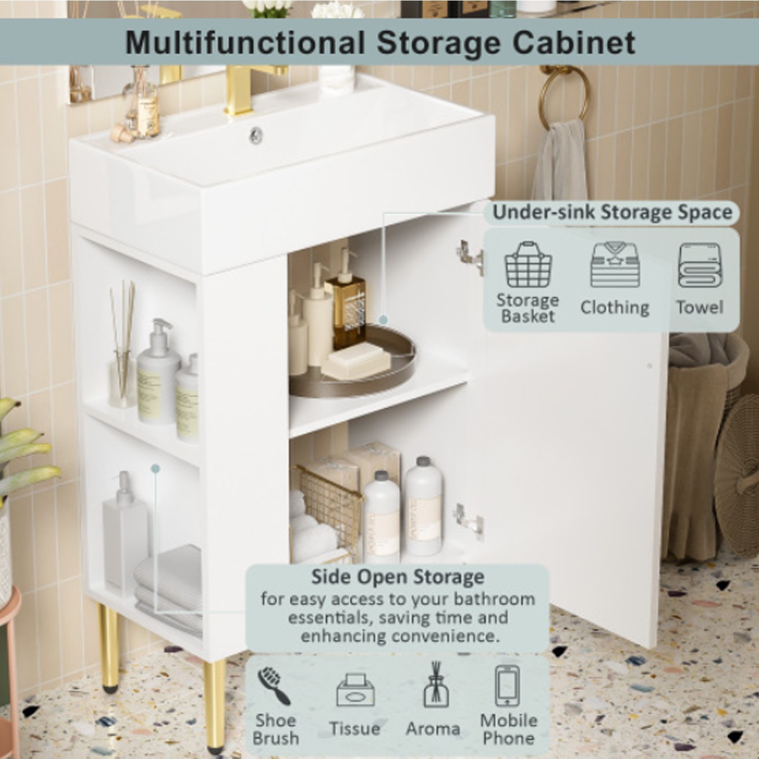 21.6 inch Large Storage Bathroom Sink High-Quality Sink Vanity in White Finish