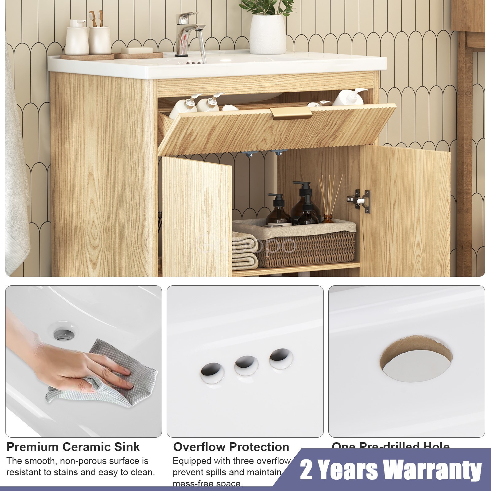 Wood Bathroom Vanity Freestanding Storage Vanity Door Cabinet With Ceramic Sink