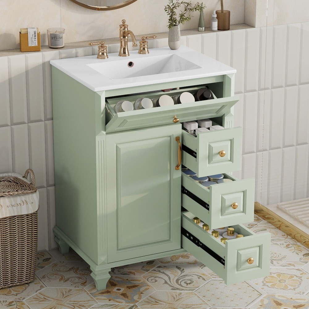 24″ Freestanding Vanity with Ceramic Sink & 3 Drawers, Solid Wood & MDF, Green