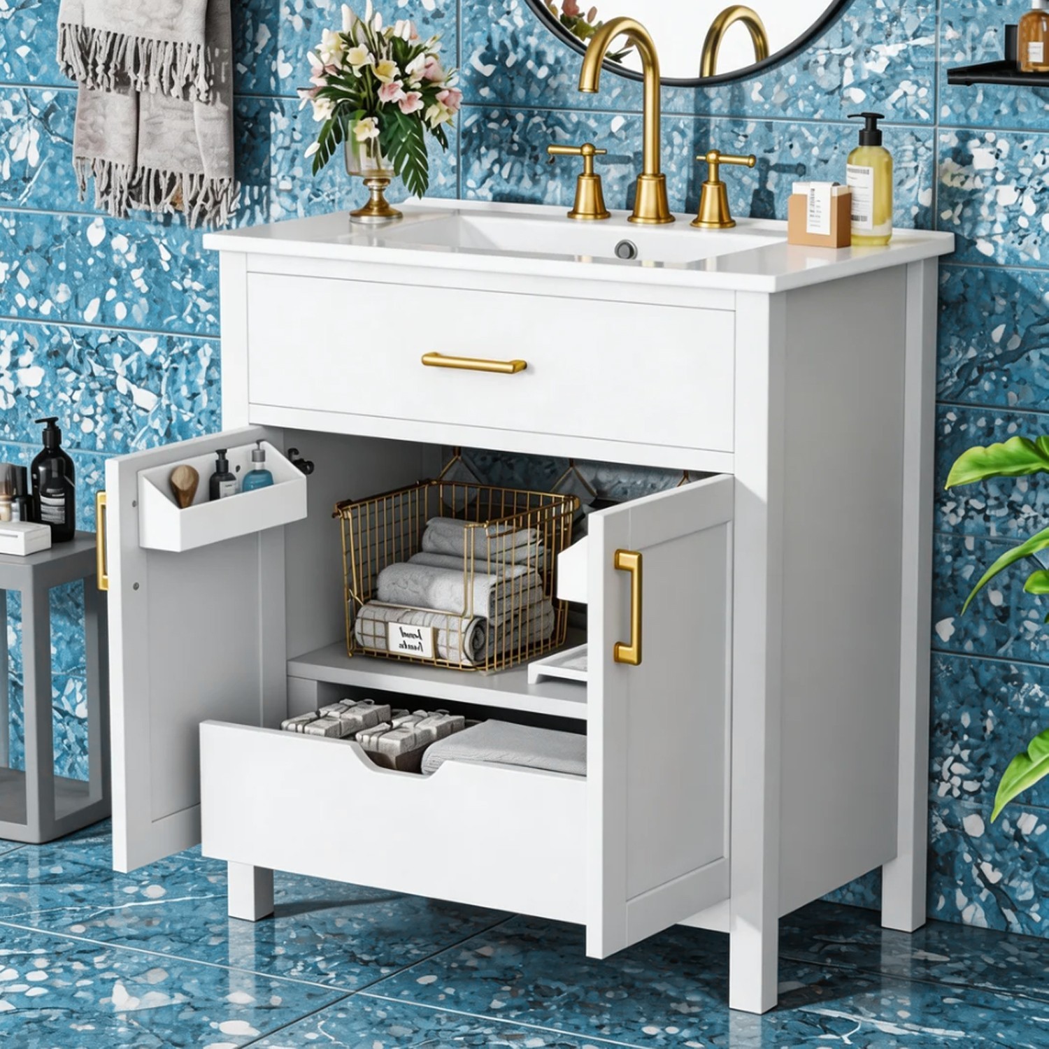 White Durable Build 30″Bathroom Vanity Cabinet Large Practical Vanity With Sink