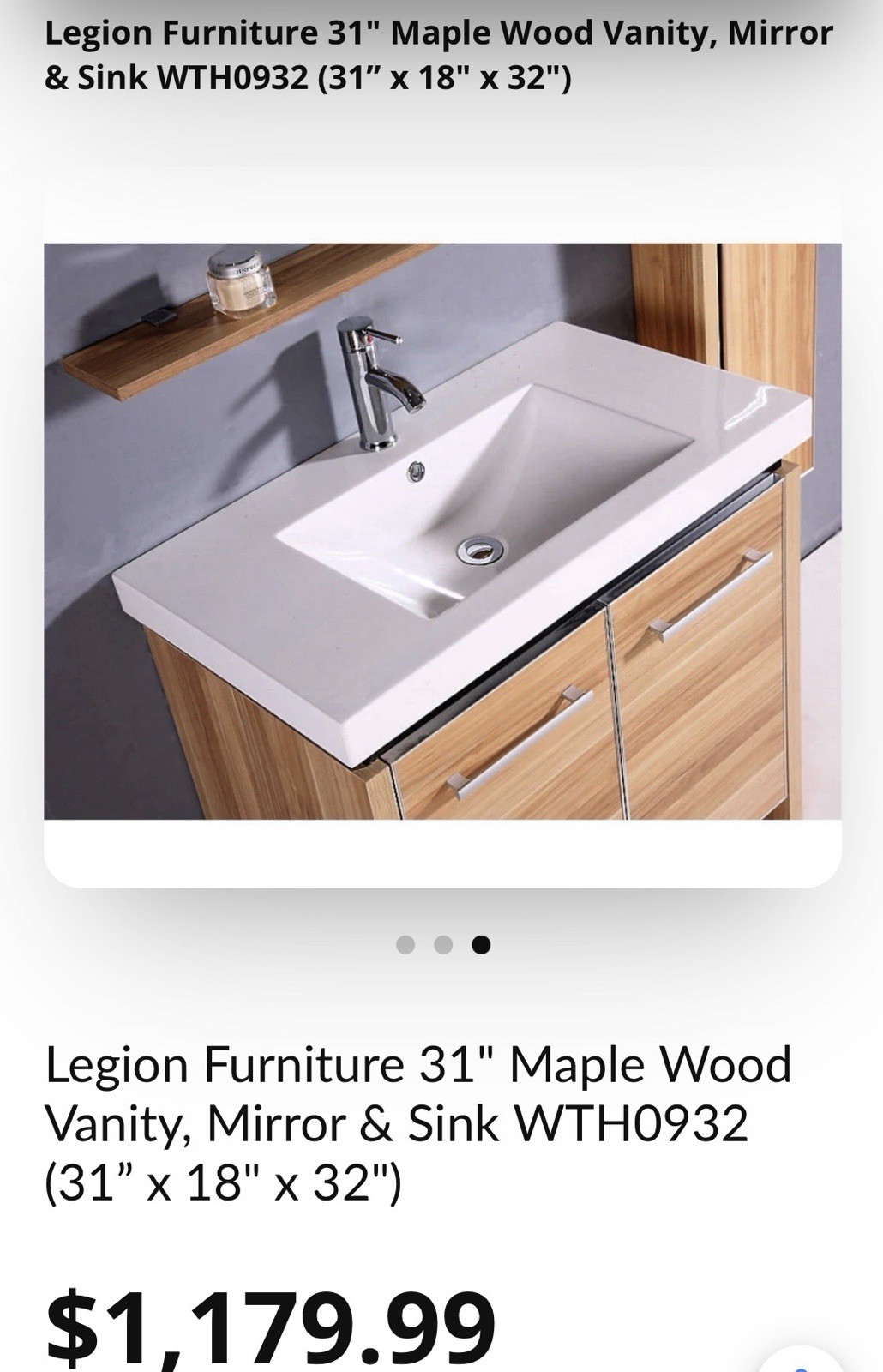 LEGION FURNITURE WTH0932 SINK VANITY W MIRROR SIDE CABINET LIGHT MAPLE