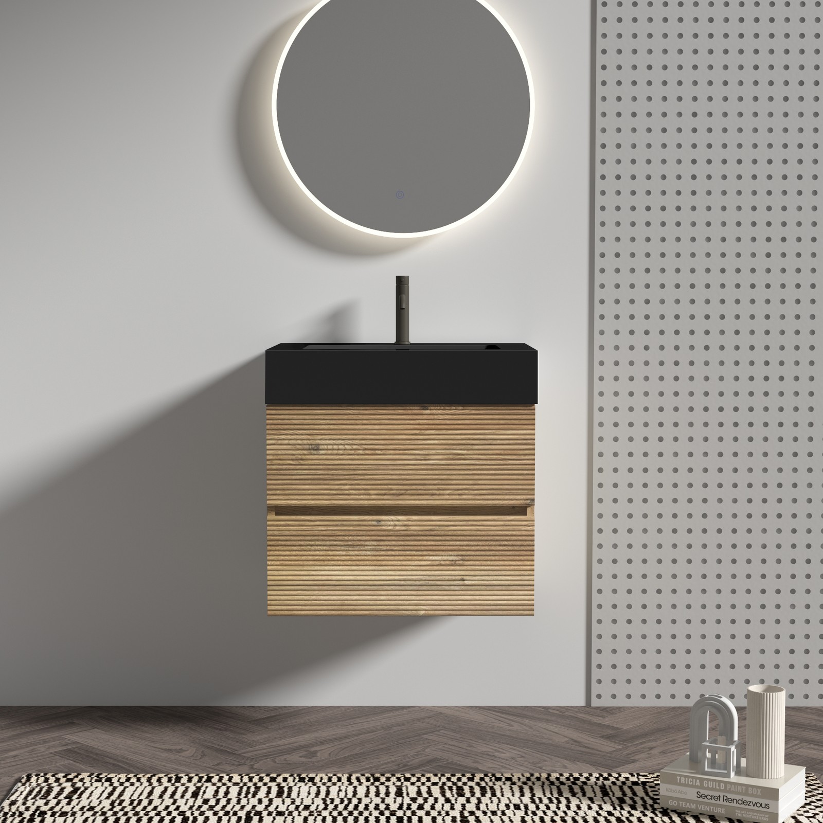 24″ Rough Oak Floating Bathroom Vanity with Black Sink & Drawers