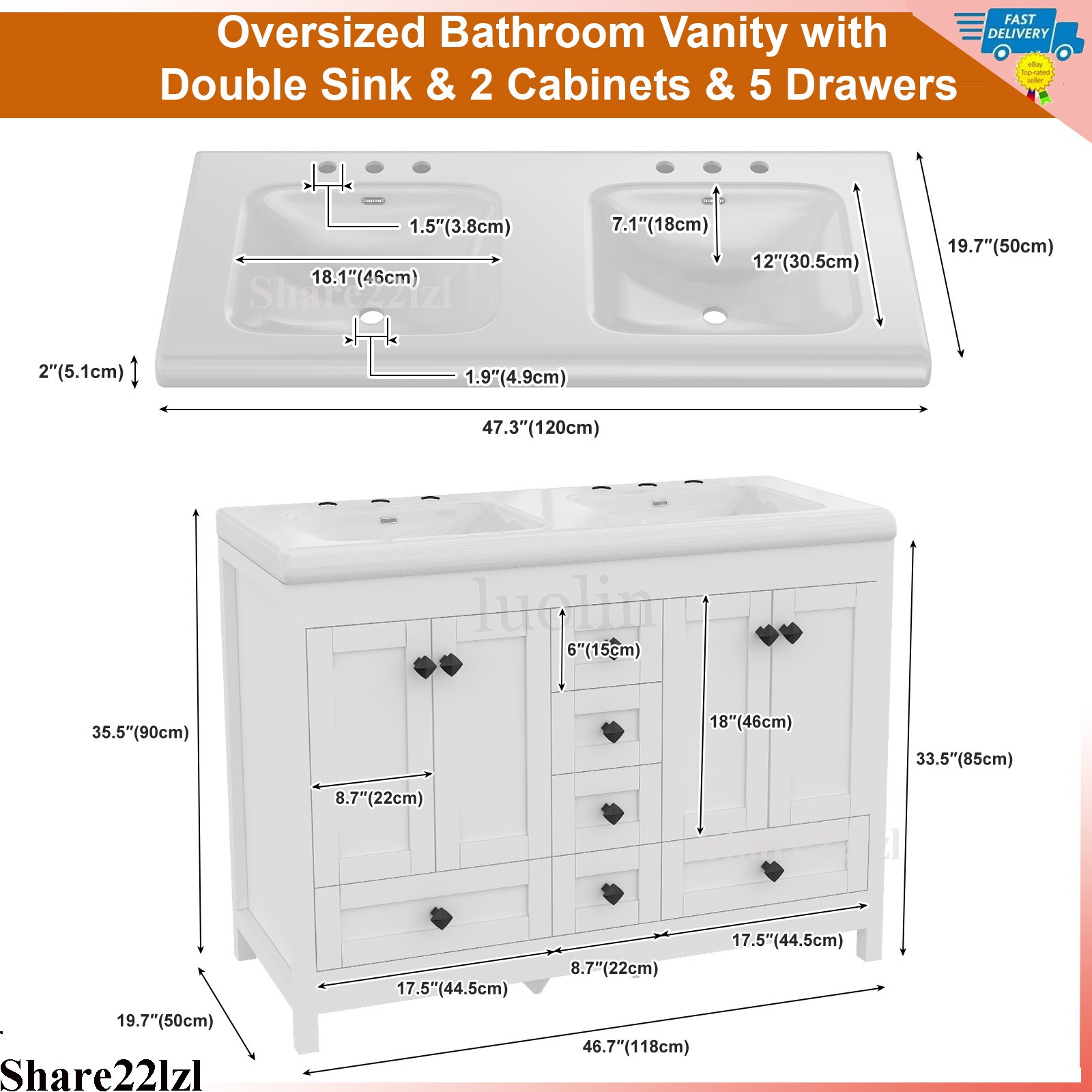 47inch Bathroom Vanity Bathroom Storage Cabinet with Double Ceramic Sink White