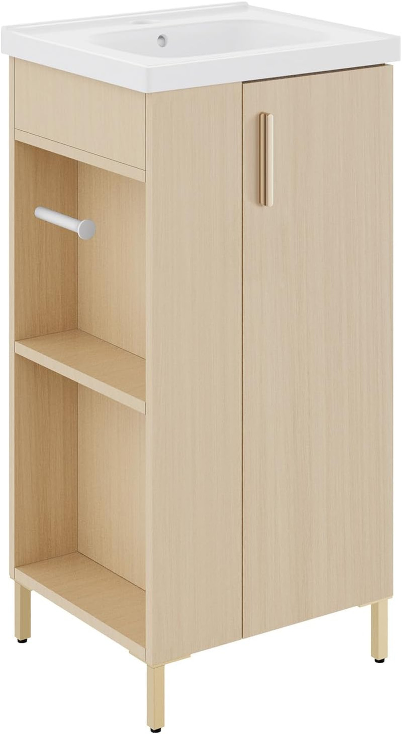 16″ Oak Bathroom Vanity with Ceramic Sink & Soft-Close Door, No Faucet