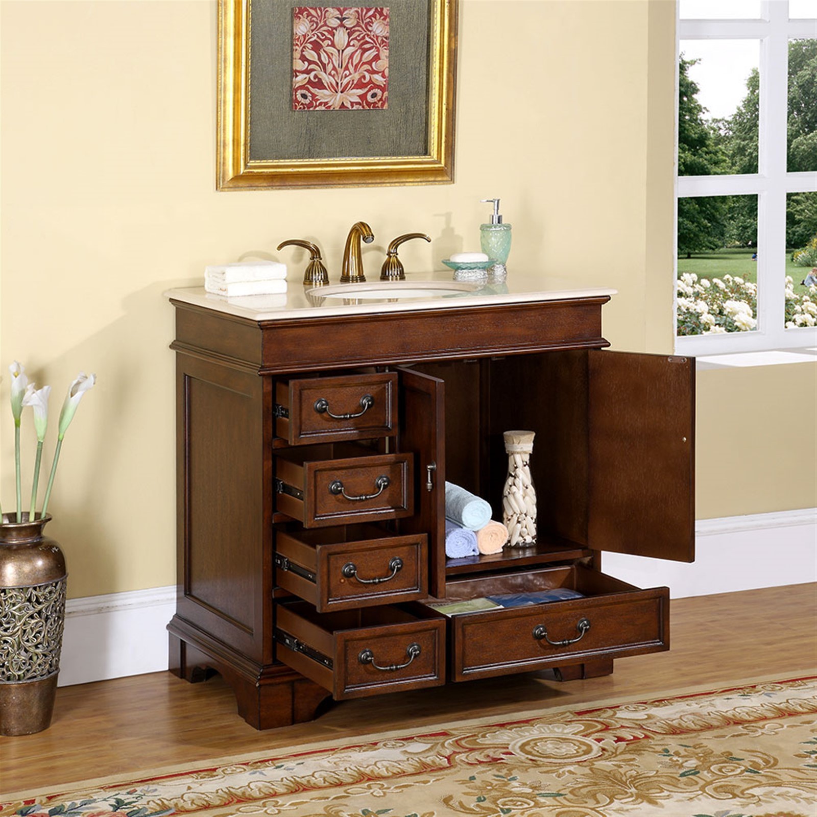 36-inch Creamy Marble Stone Top Single Bathroom Sink Vanity Bath Cabinet 0212CM