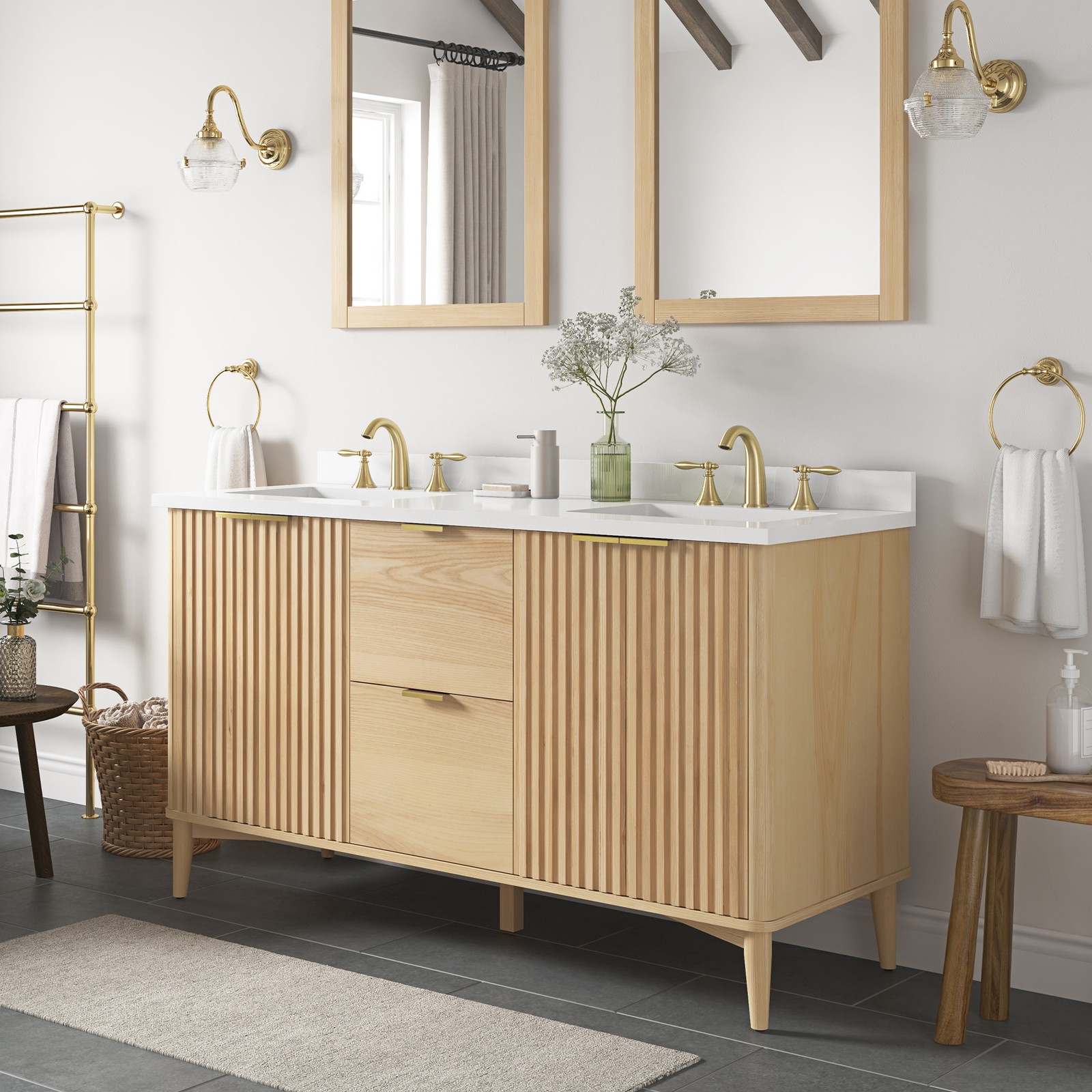 Gabi 60 in. Double Sink Freestanding Rustic Ash Bathroom Vanity