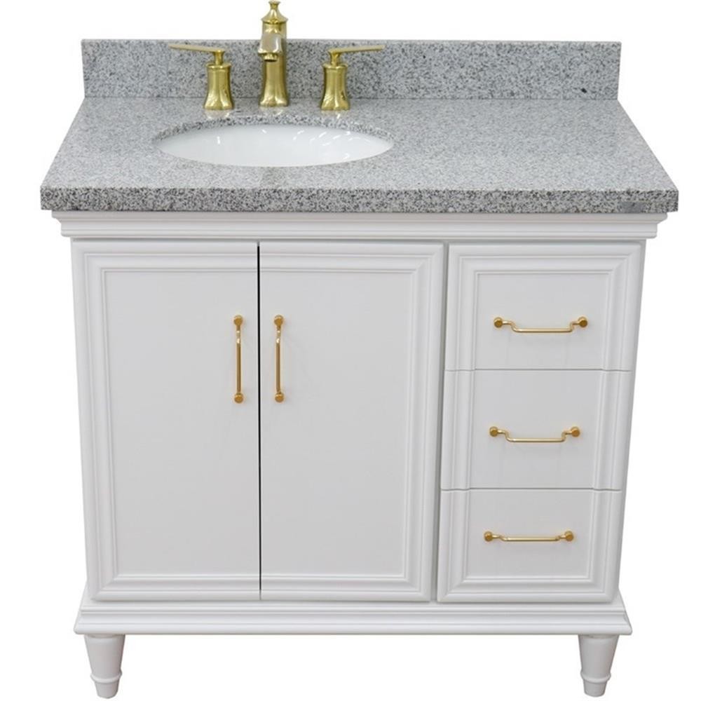 37 in. Single Wooden Vanity White Gray Granite Oval Left Door.Left Sink