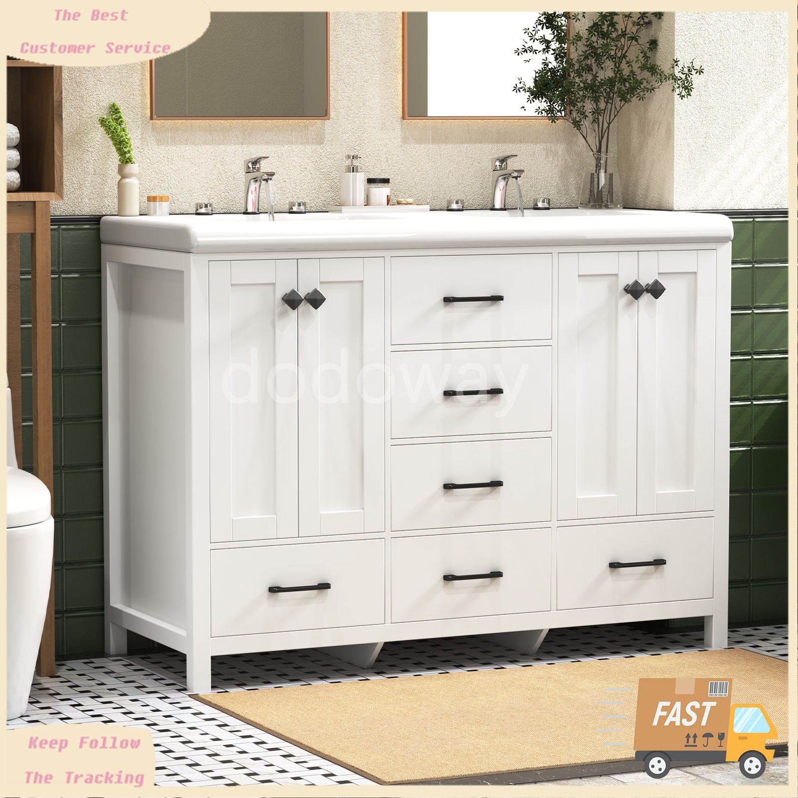 47″ Bathroom Vanity Set with Double Sink, 4-Door 6-Drawer Waterproof Cabinet