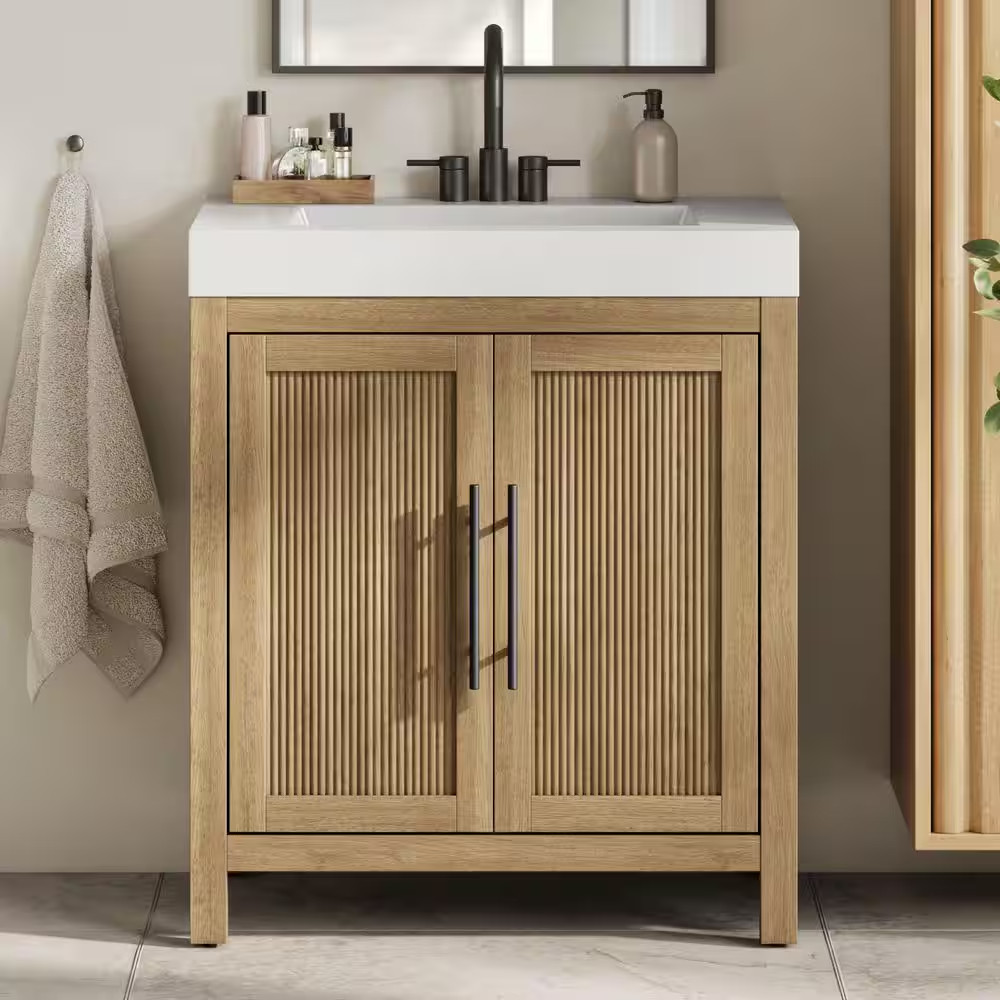 Cargrove 30 In. Single Sink Freestanding Oak Bath Vanity with White Resin Compos