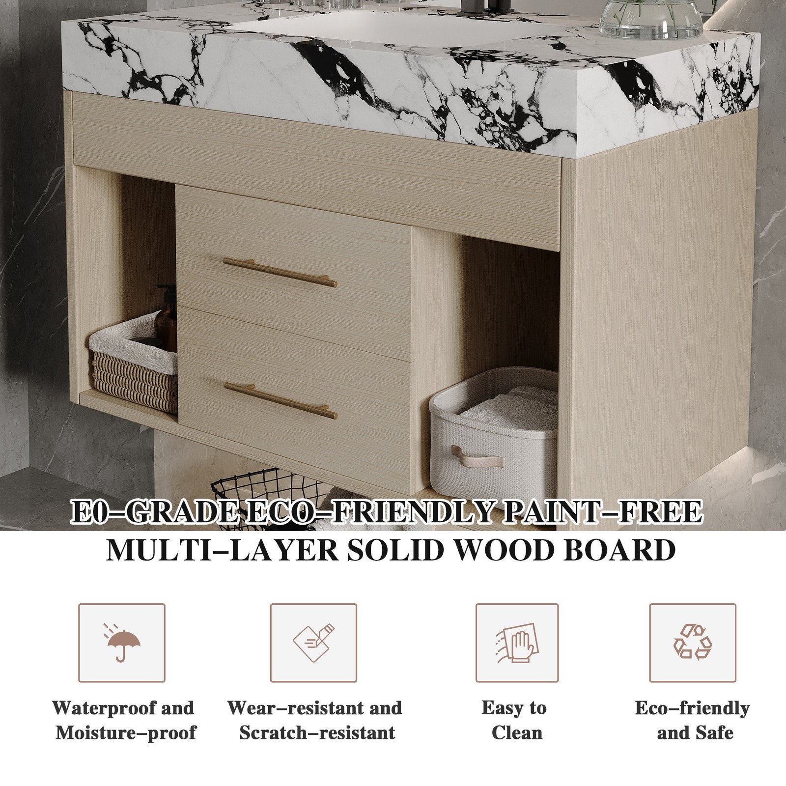 29.9″ Floating Bathroom Vanity with Sintered Stone Top & Ceramic Sink