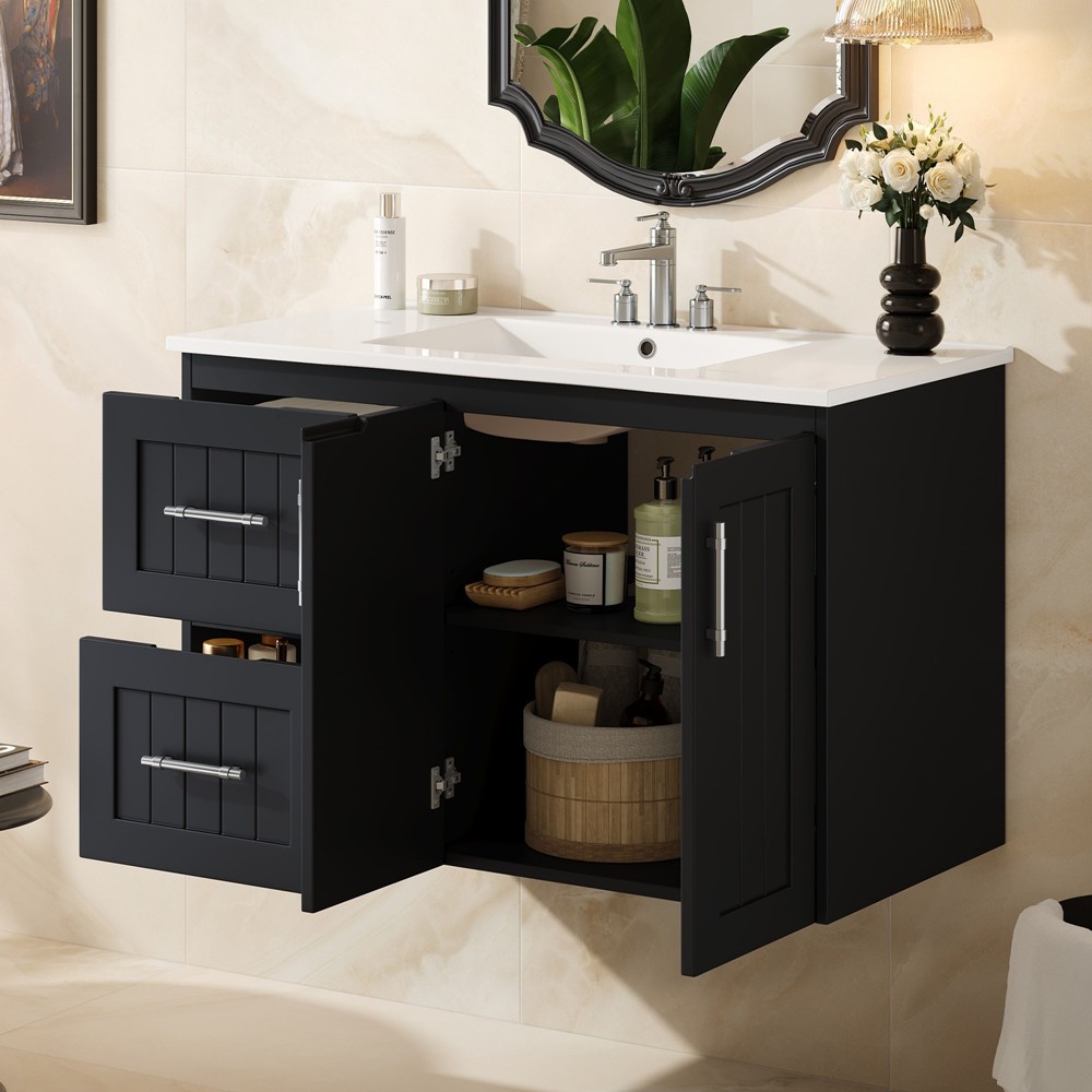 36″ Wall Mounted Bathroom Vanity w/Sink,Floating Vanity Cabinet,2 Drawers, Doors