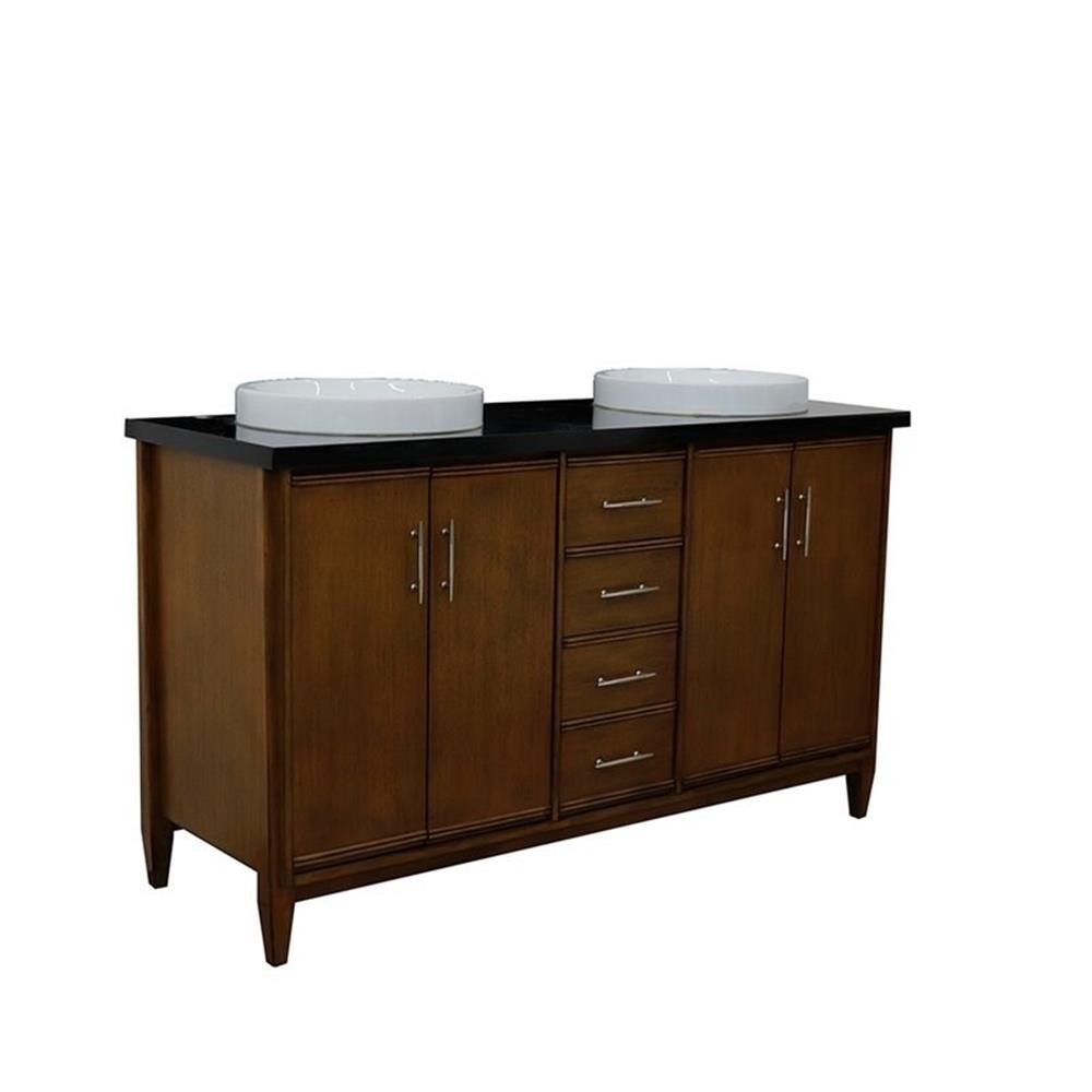 Pemberly Row 61″ Double Round Sink Vanity with Black Granite Stone in Walnut