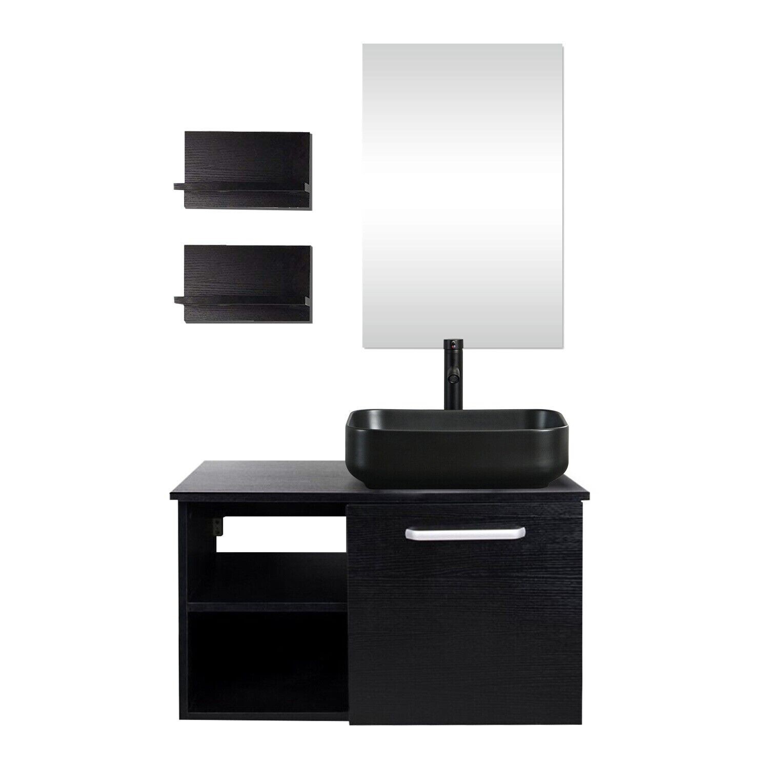 28” Floating Bathroom Vanity Black Cabinet with Sink Vessel Side Shelves Mirror