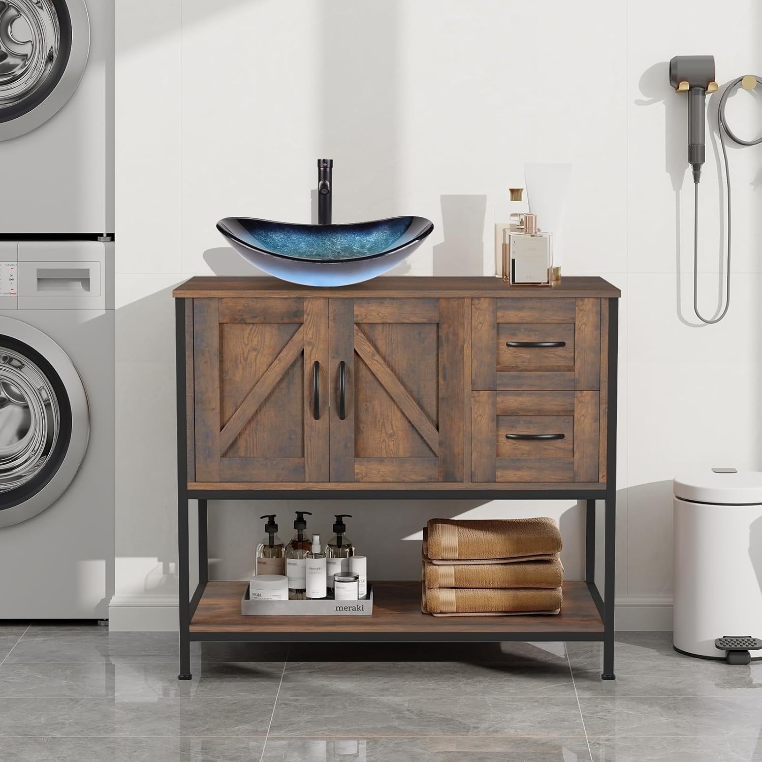 36″ Bathroom Vanity Storage Cabinet with Drawer and Open Shelf Basin Sink Combo