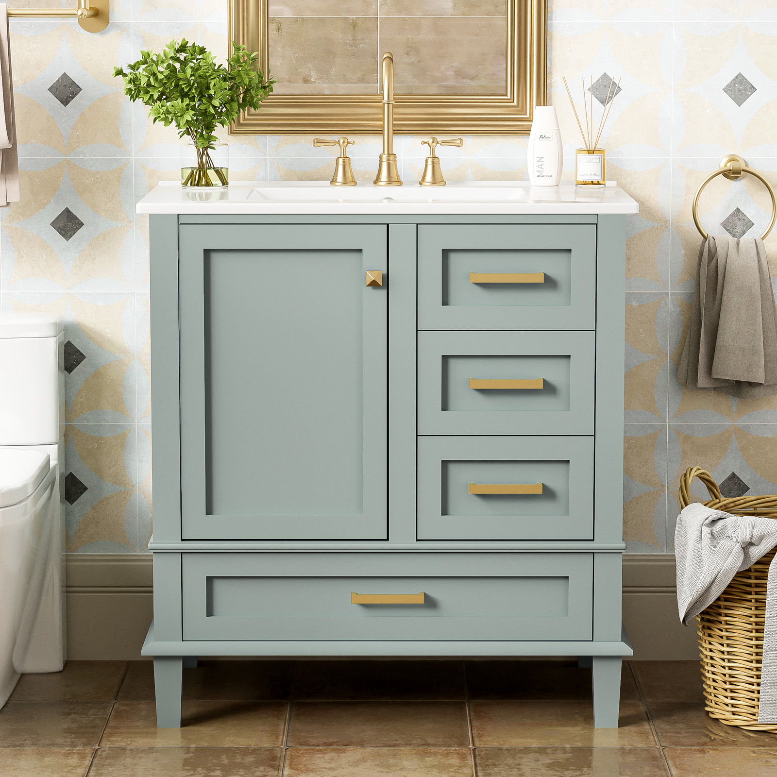 30″ Bathroom Vanity with Sink, Solid Wood Frame, Sage Green