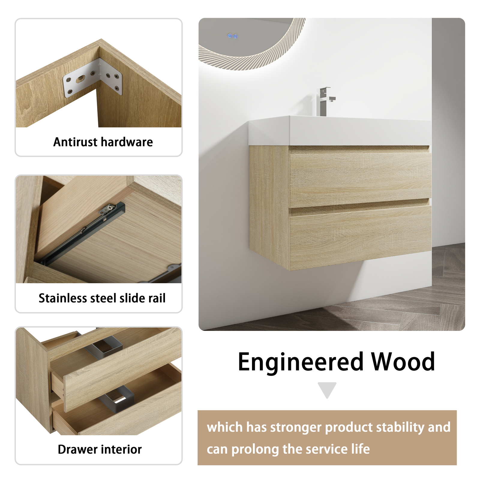 30″ Wood Wall-Mounted Bathroom Vanity Cabinet W/ Resin Sink 2 Drawers Light Oak