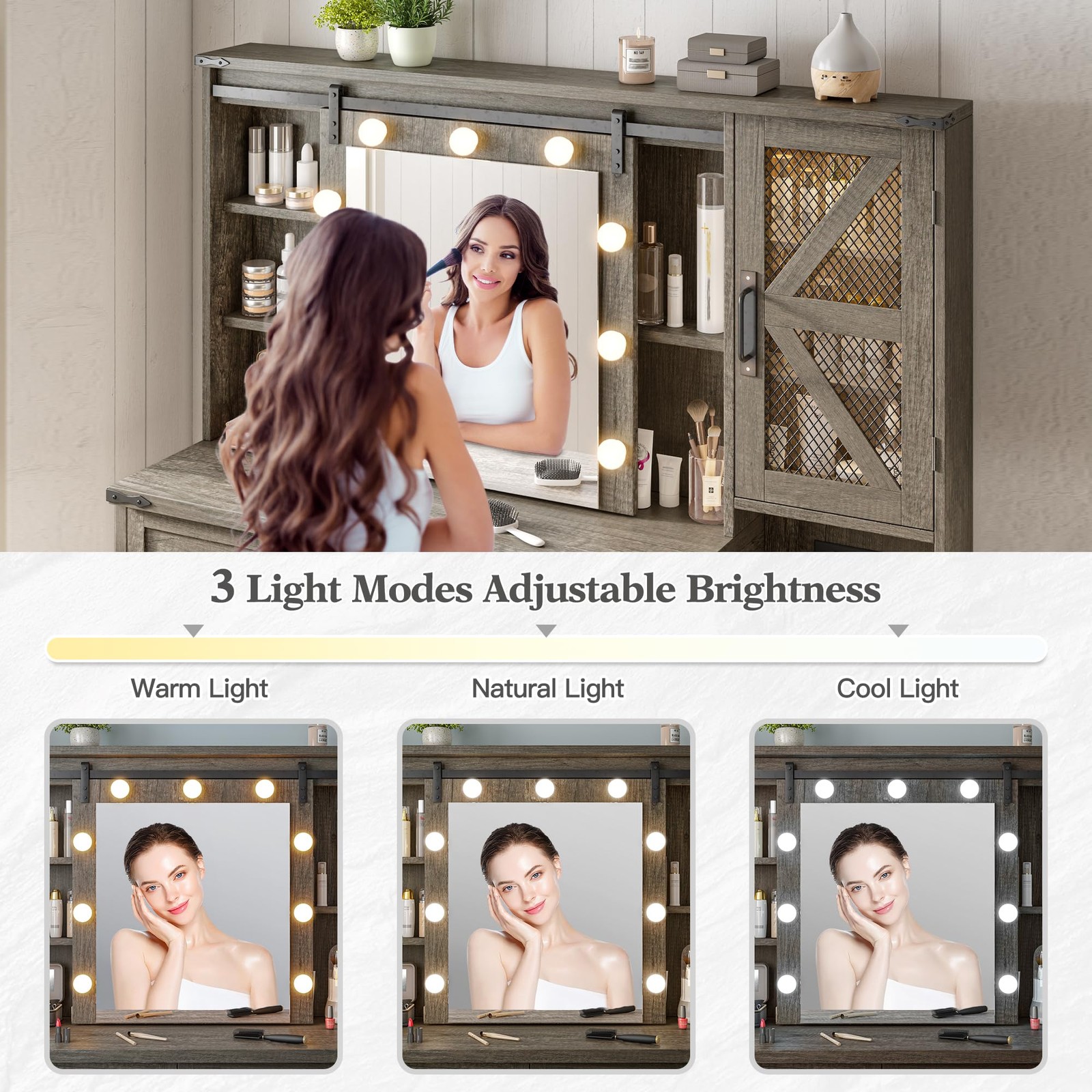 Farmhouse Vanity Desk Sliding Mirror Lights 4 Drawers RGB Cabinets Rustic Oak