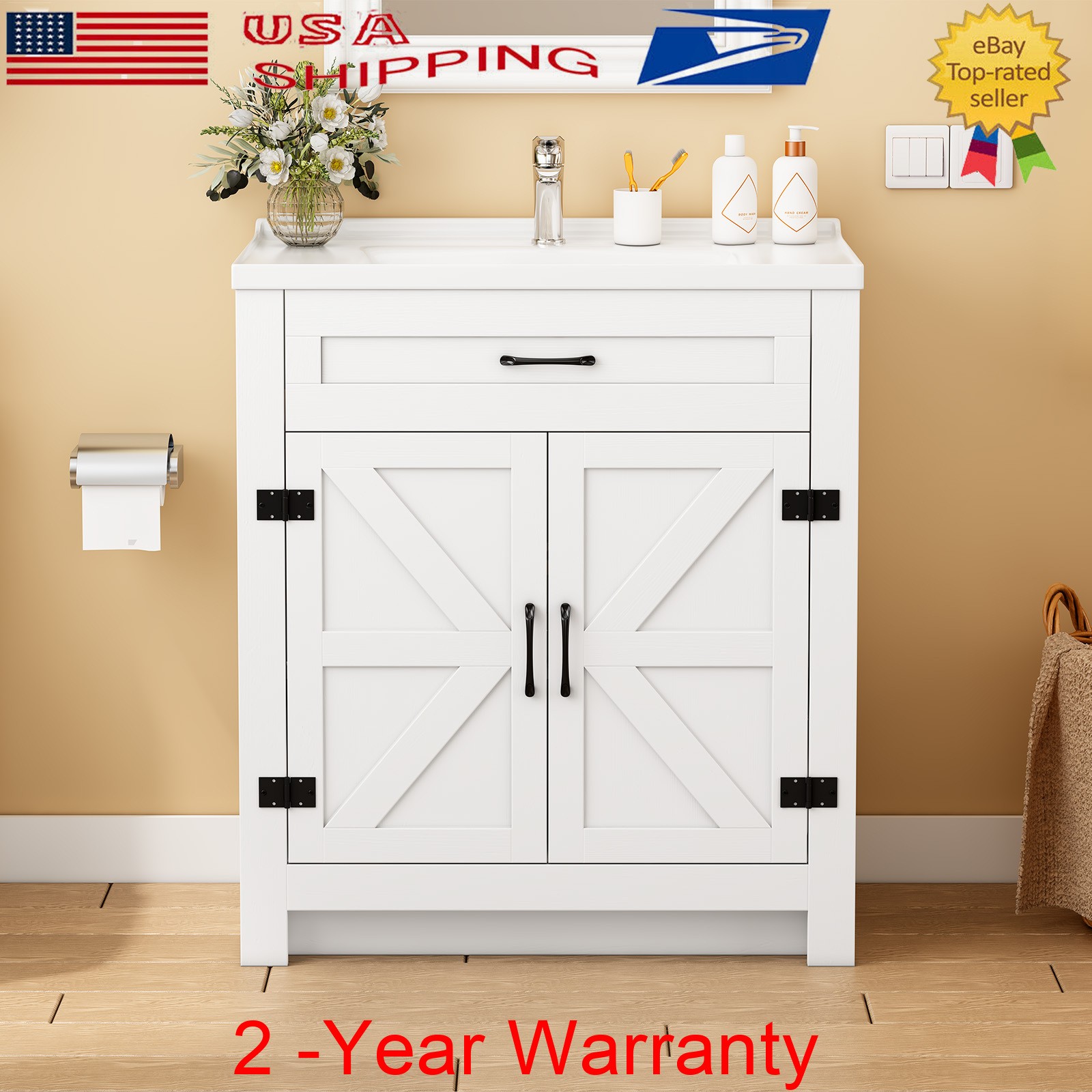 Farmhouse Bathroom Vanity with Ceramic Sink, 35.4 Inch Bathroom Vanity Cabinet