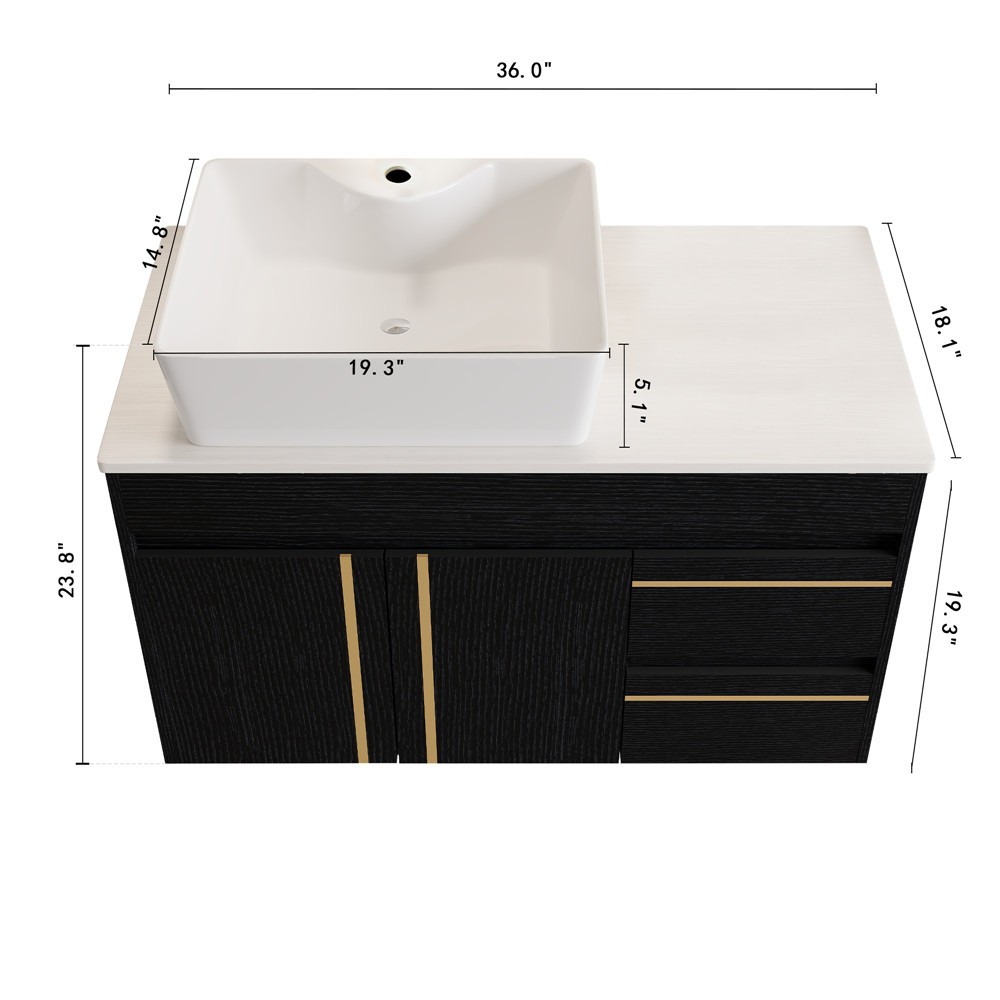 36″ Wall Mounted Bathroom Vanity with Sink, Floating Vanity Cabinet, 2 Drawers