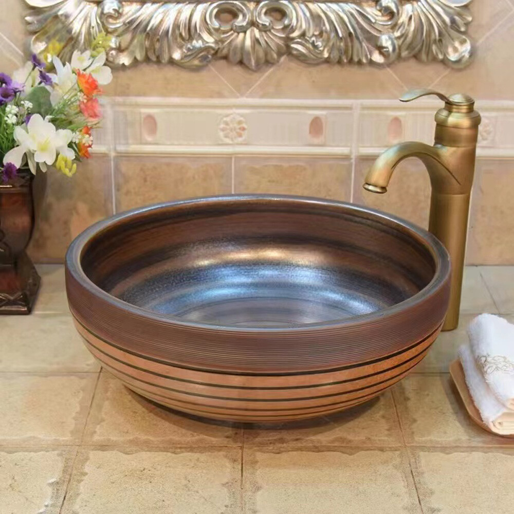 US Seller – 16in Earth Tone Oriental Porcelain Basin