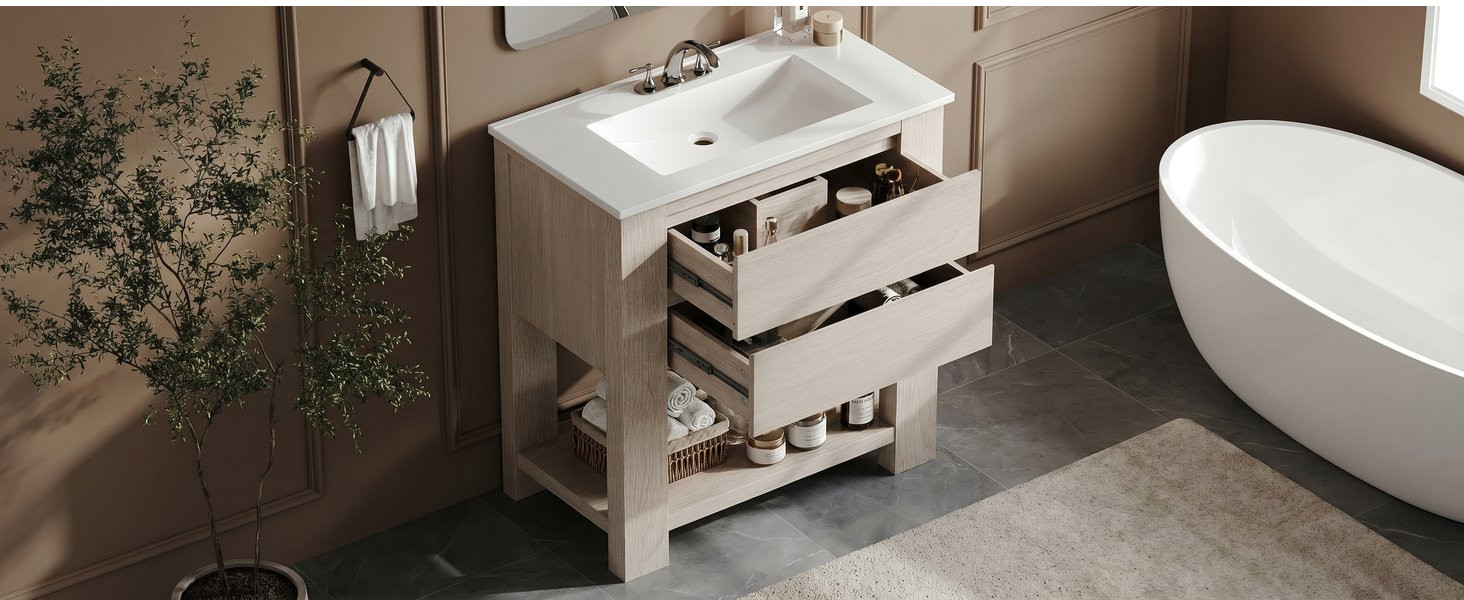 30″ Bathroom Vanity with Sink, White Oak Gray Bathroom Cabinet with 2-Drawer,