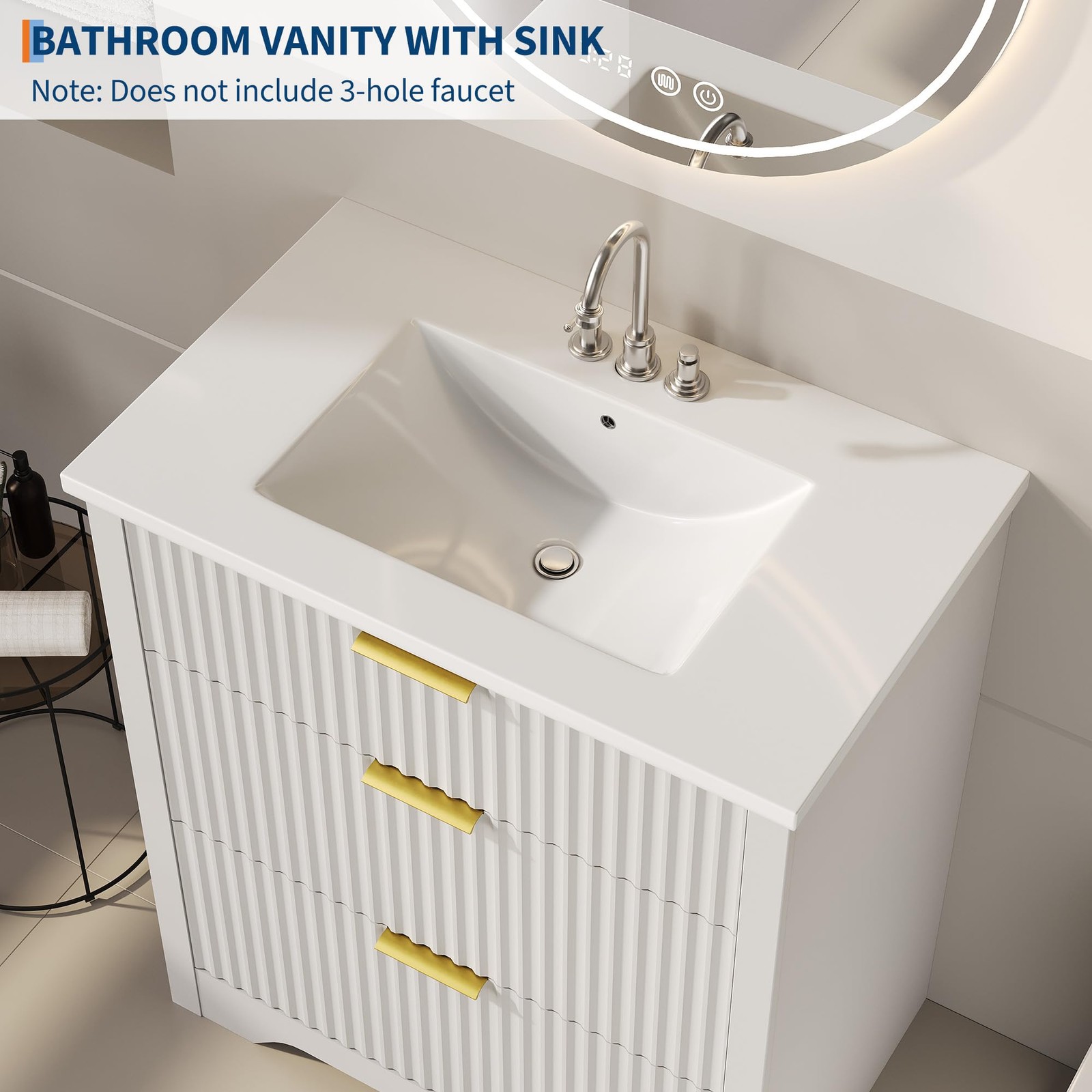 Bathroom Vanity w/ Sink,Fluted Freestanding Vanity Cabinet,Ceramic Basin Vanity