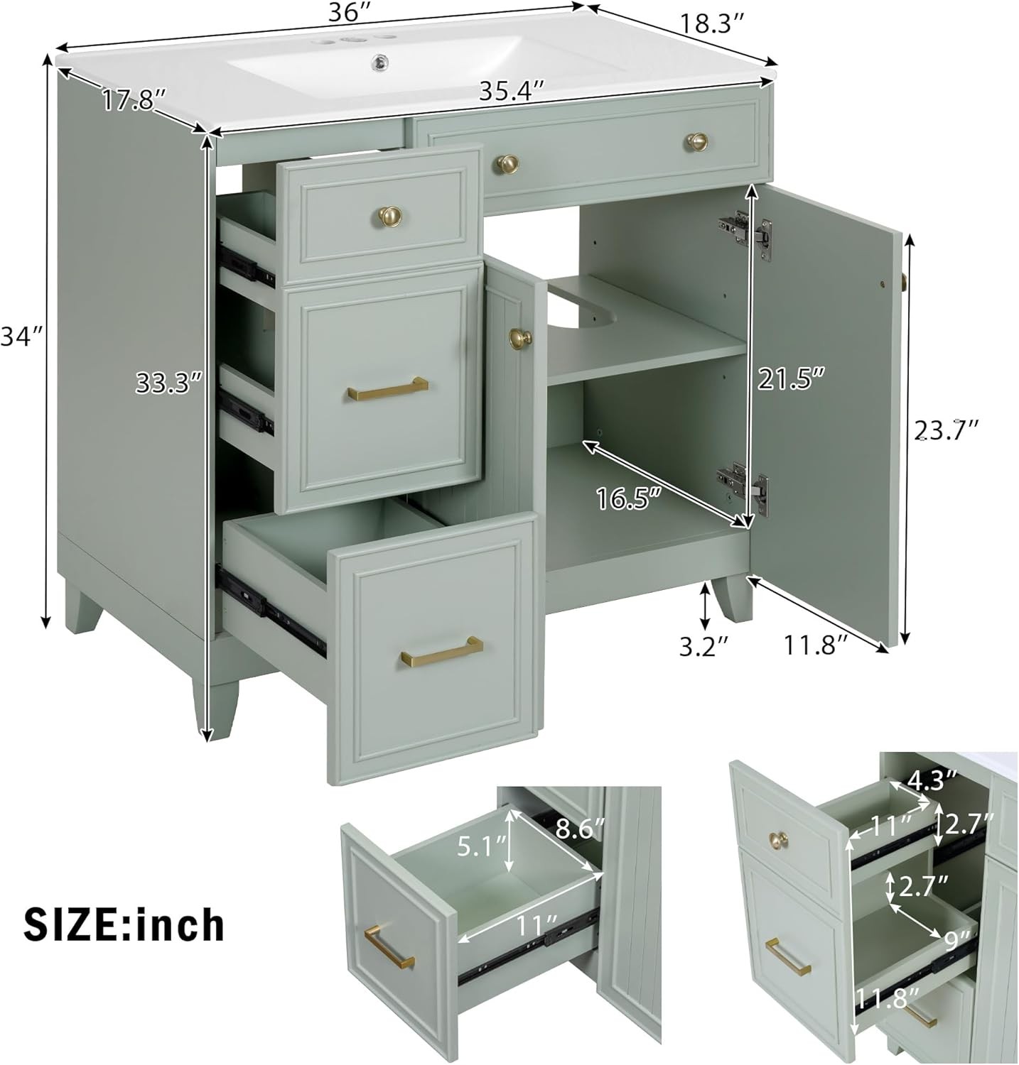 36-inch Green Bathroom Vanity Transitional Style Bathroom Cabinet W/ Ceramic