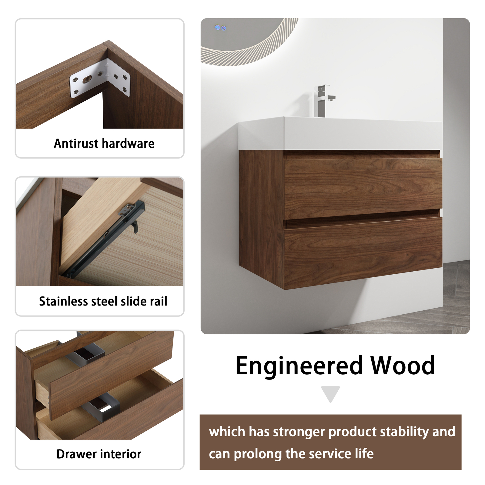 30″ Wall-Mounted Bathroom Vanity Cabinet W/Resin Sink 2-Soft Close Drawers Brown