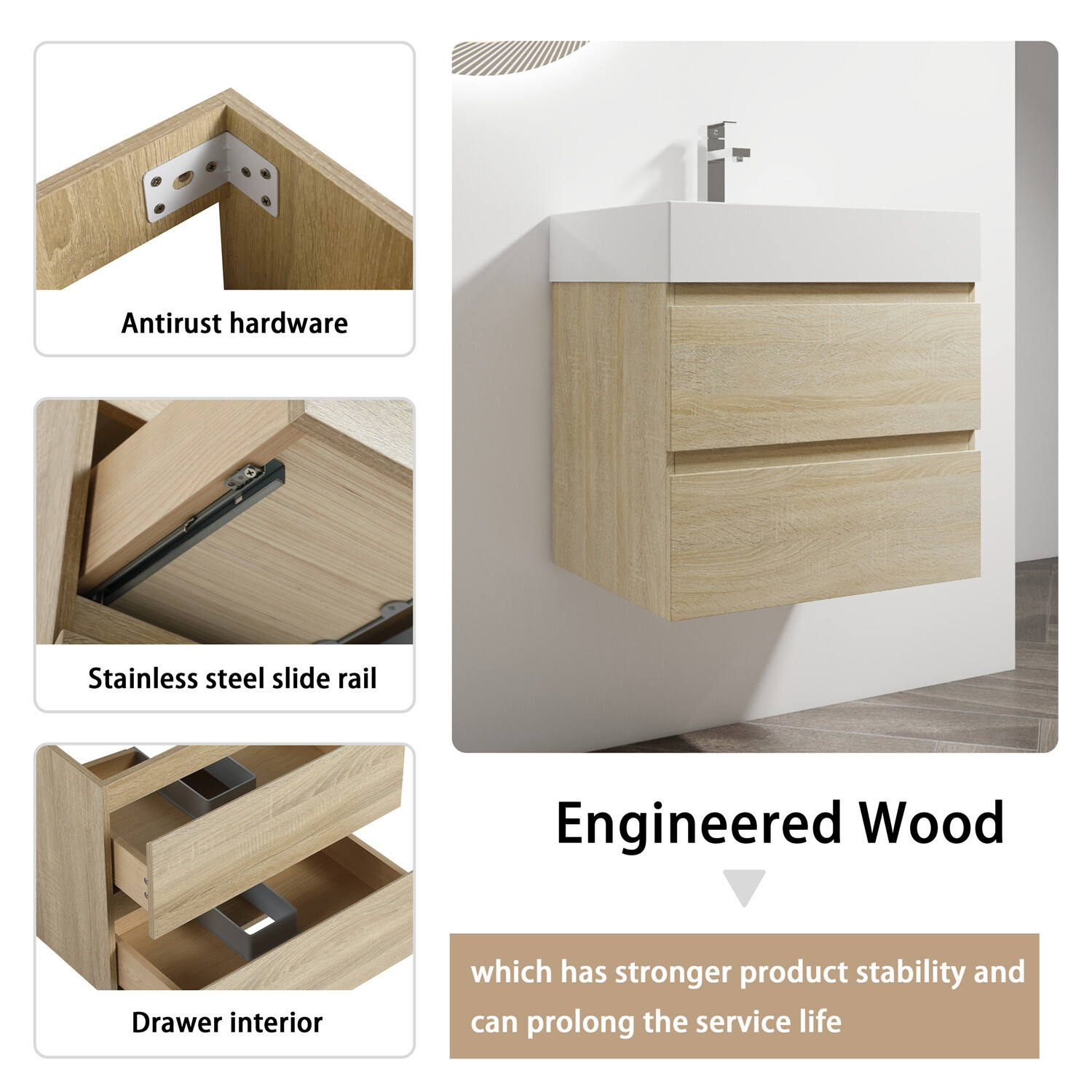 24″ 30″ 36″ Wall Mounted Bathroom Vanity w/Sink,Floating Vanity Cabinet,2 Drawer