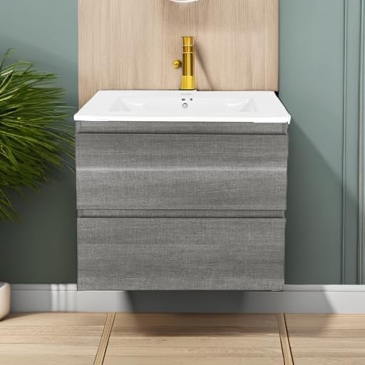 24 Inch Floating Bathroom Vanity with Sink, Gray Wall Mounted Vanity Cabinet