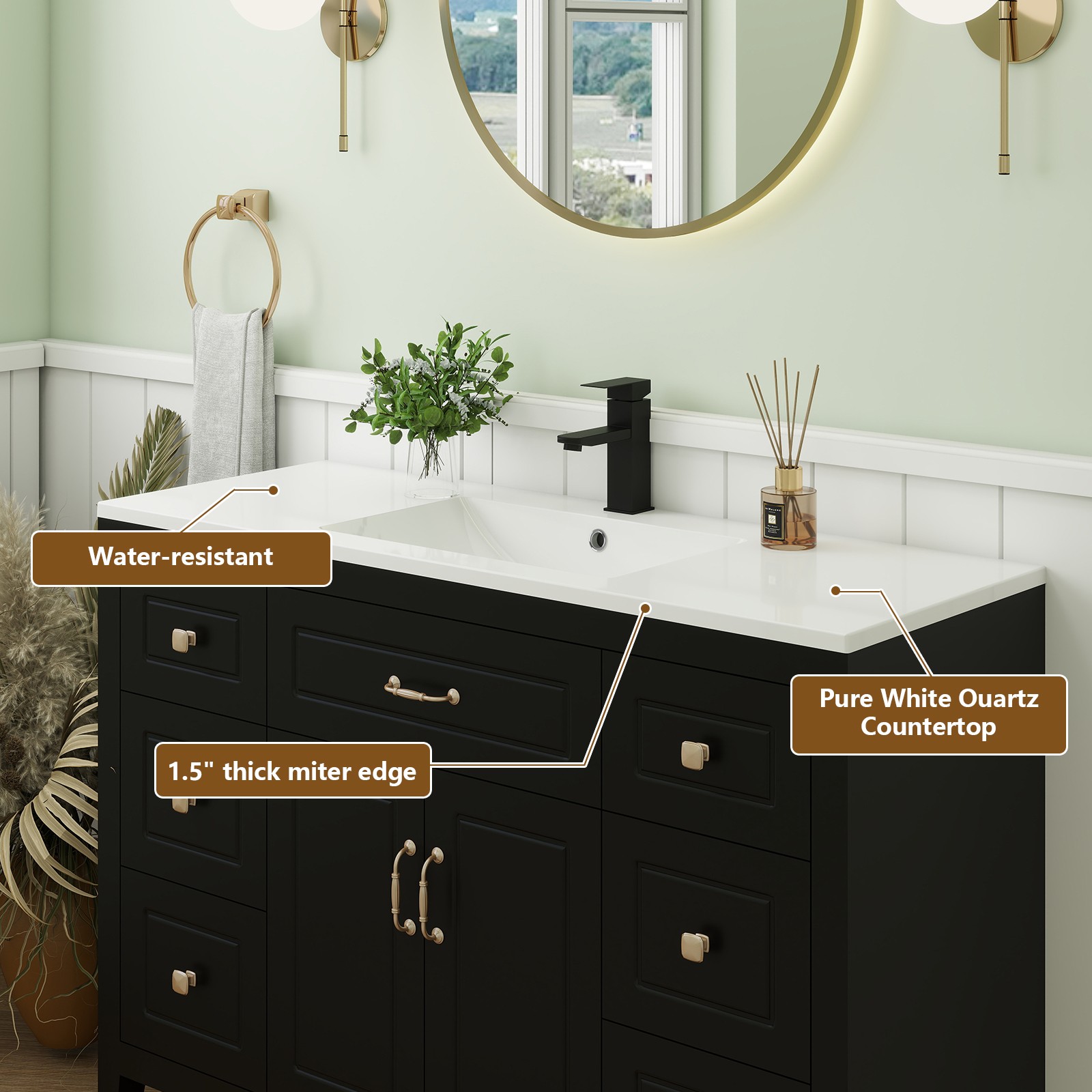 48″Bathroom Vanity with Sink Soft Close 2 Doors and 6 Drawers Freestanding Black