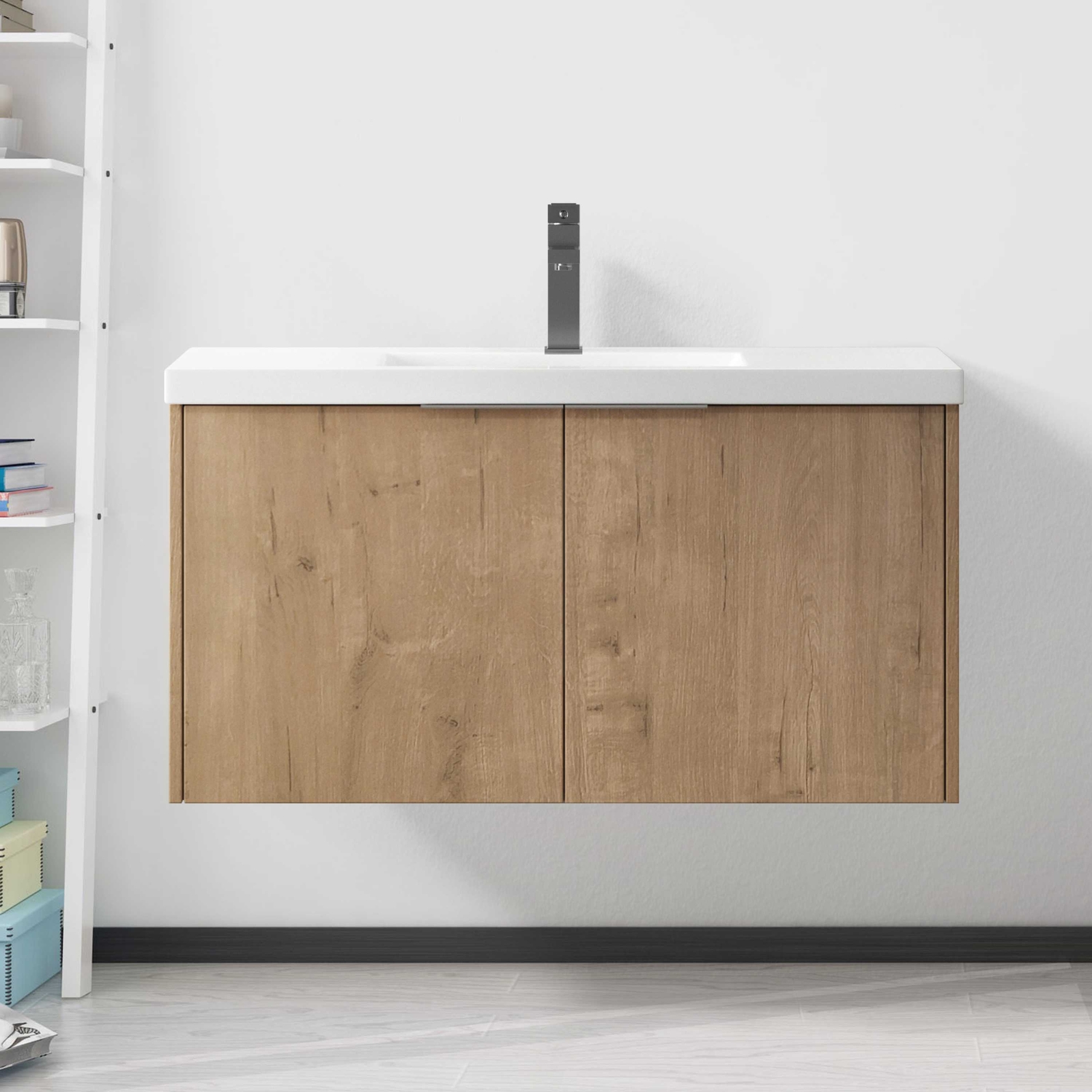 35” Modern Wall Mounted Bathroom Vanity w/ Sink 2 Soft Close Door Imitative Oak