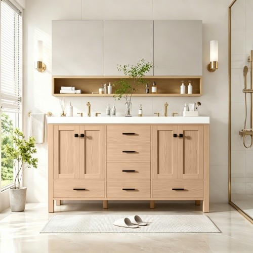 59.3″ Bathroom Vanity with Solid Wood Frame & MDF Cabinet,Double SMC Resin Sink