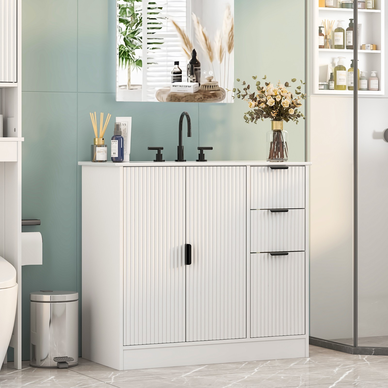 Bathroom Vanity With Sink Freestanding White Cabinet Storage Ceramic Vessel Sink